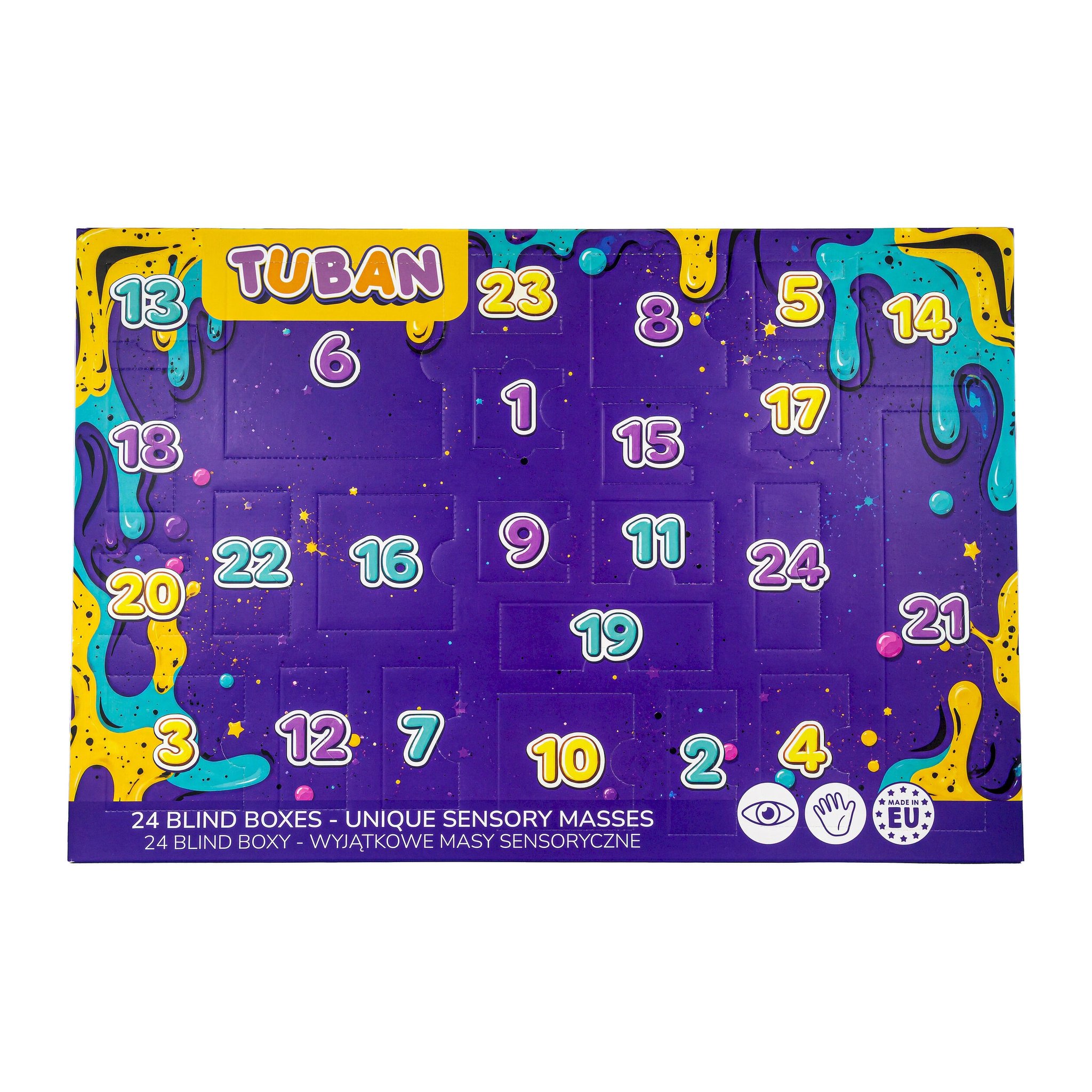 Türchenseite des Slime-Adventskalenders mit 24 nummerierten Türchen in verschiedenen Grössen