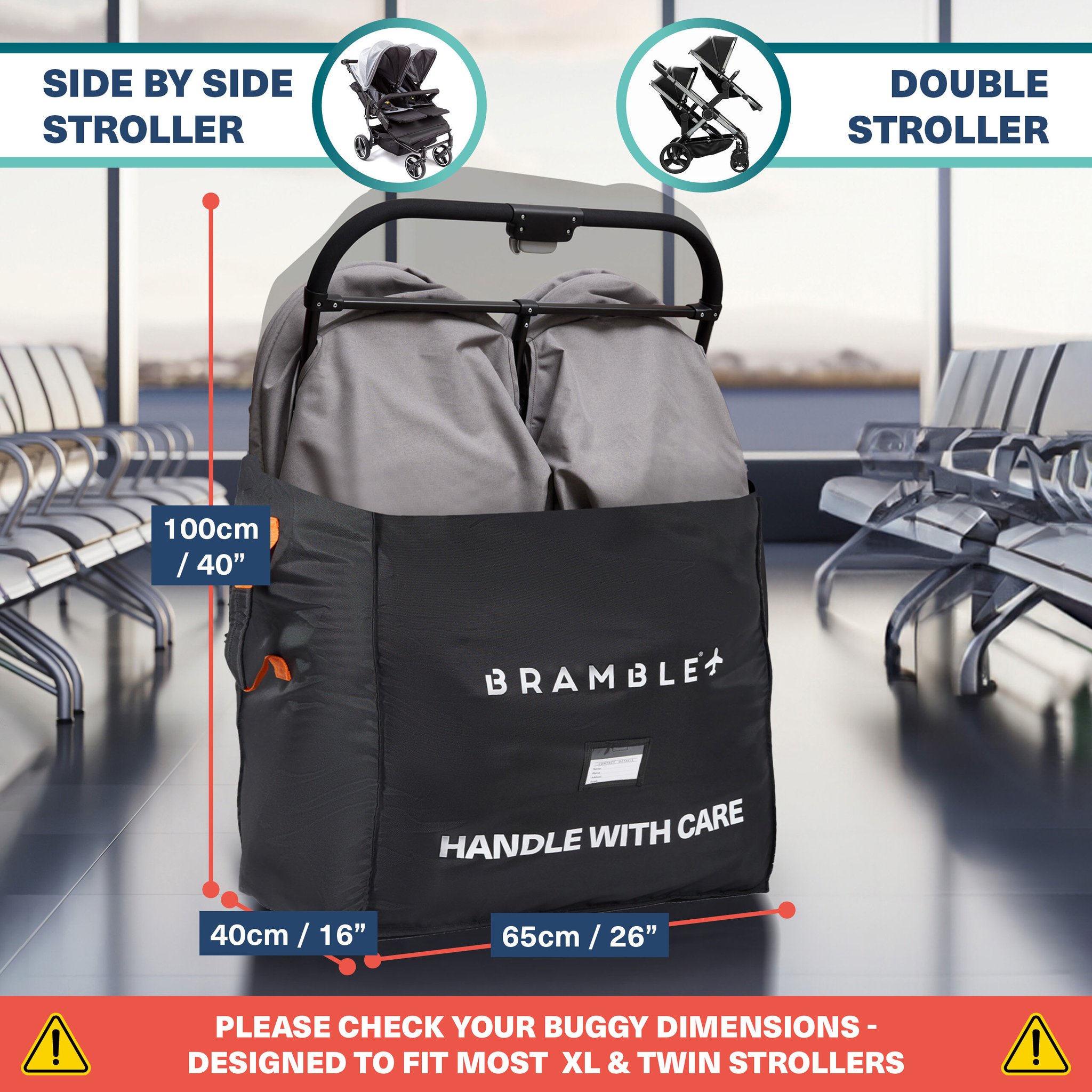 XL Reisetasche im Wartebereich mit einem Doppelkinderwagen darin, passend für Side-by-Side- und Tandem-Modelle