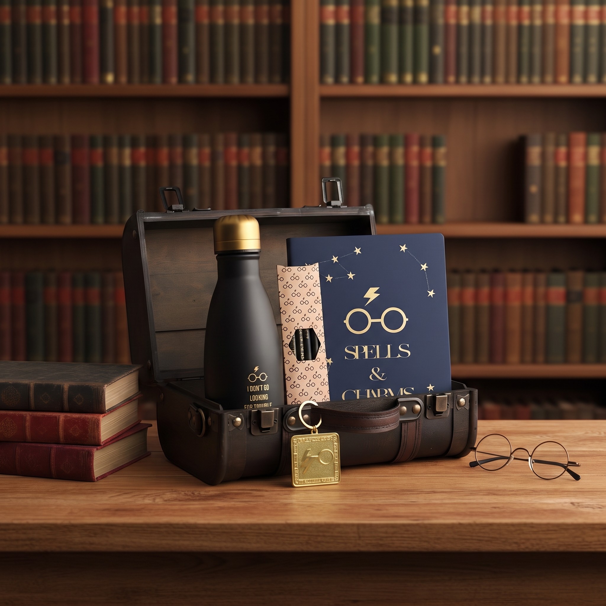 Geöffneter Hogwarts-Koffer mit Trinkflasche, Notizbuch und Bleistiften vor einem Bücherregal