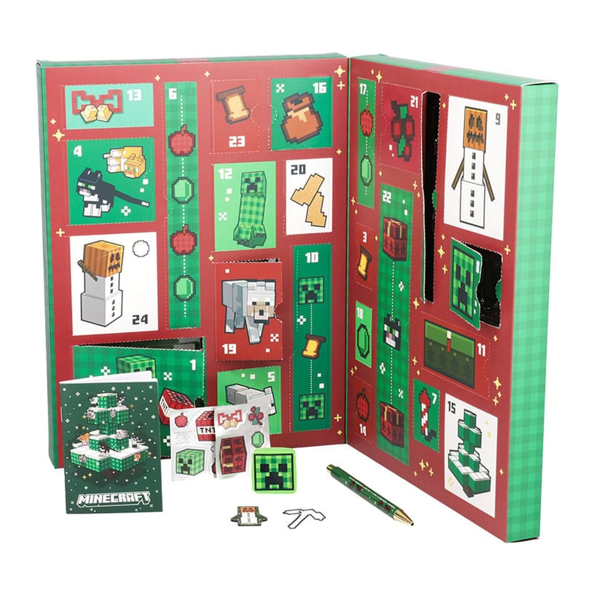 Calendrier de l'Avent Minecraft ouvert, avec carnet, autocollants, stylo et trombones devant