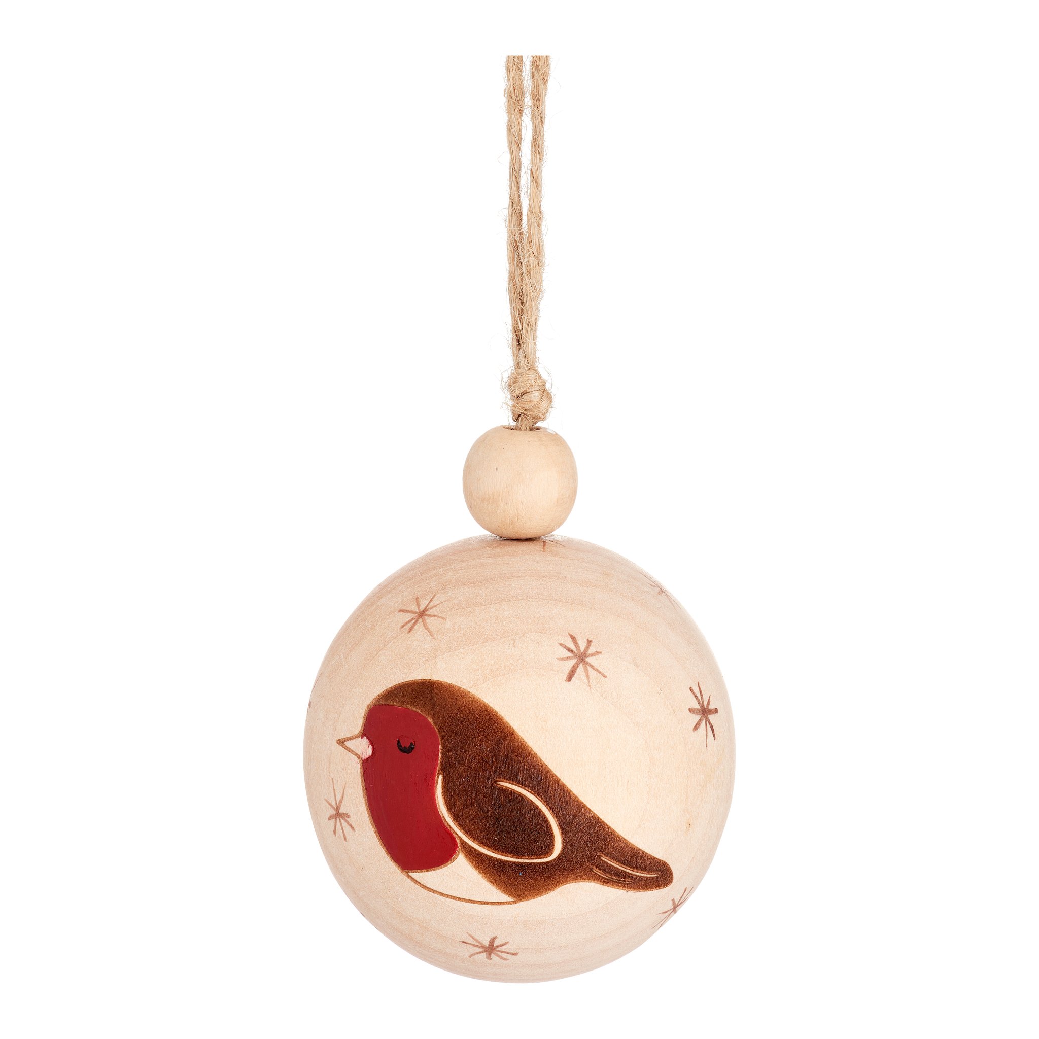 Boule de Noël rouge-gorge Sass & Belle, boule en bois avec rouge-gorge et ficelle de jute, détourée