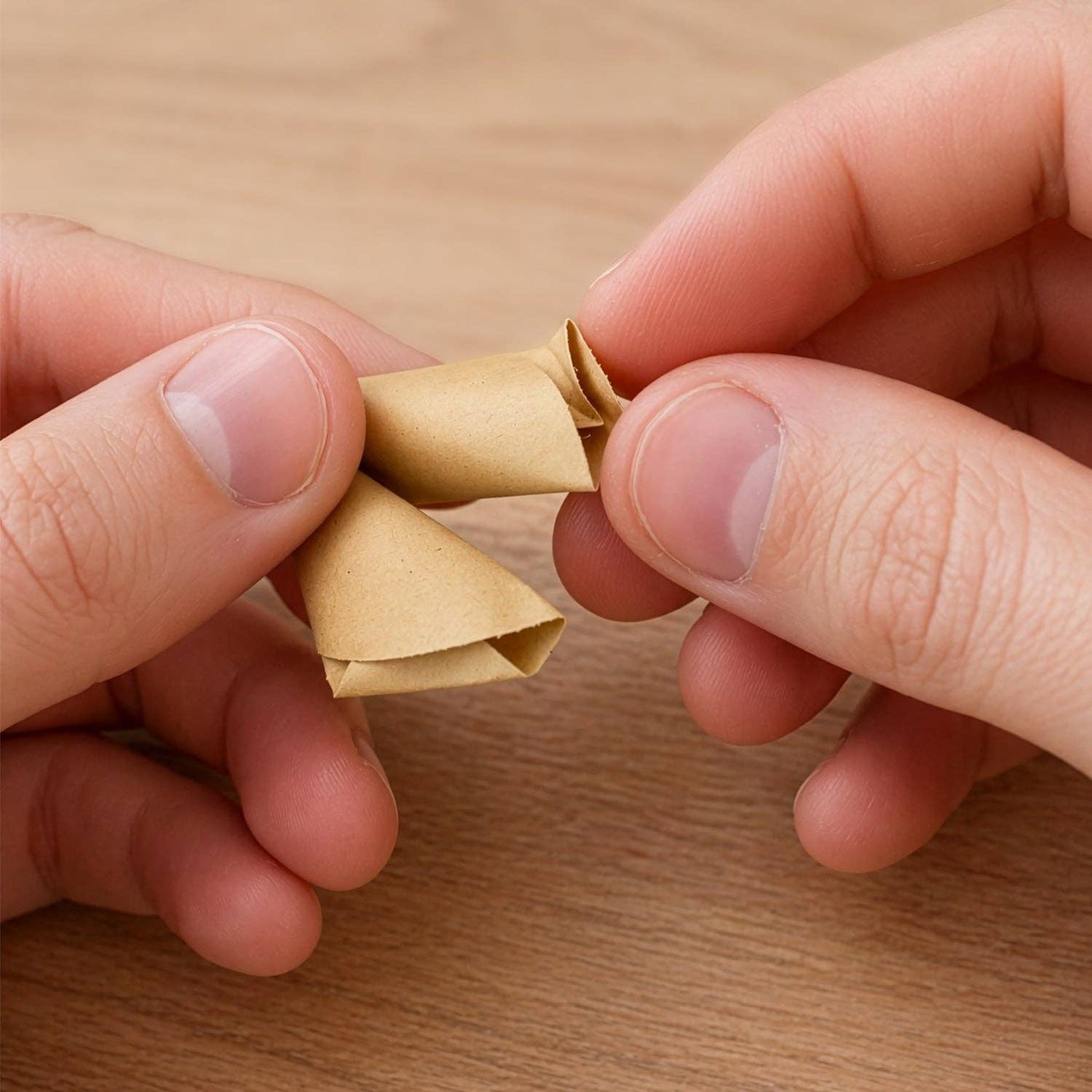 Hände falten einen Glückskeks aus Papier in Kraftpapier-Optik