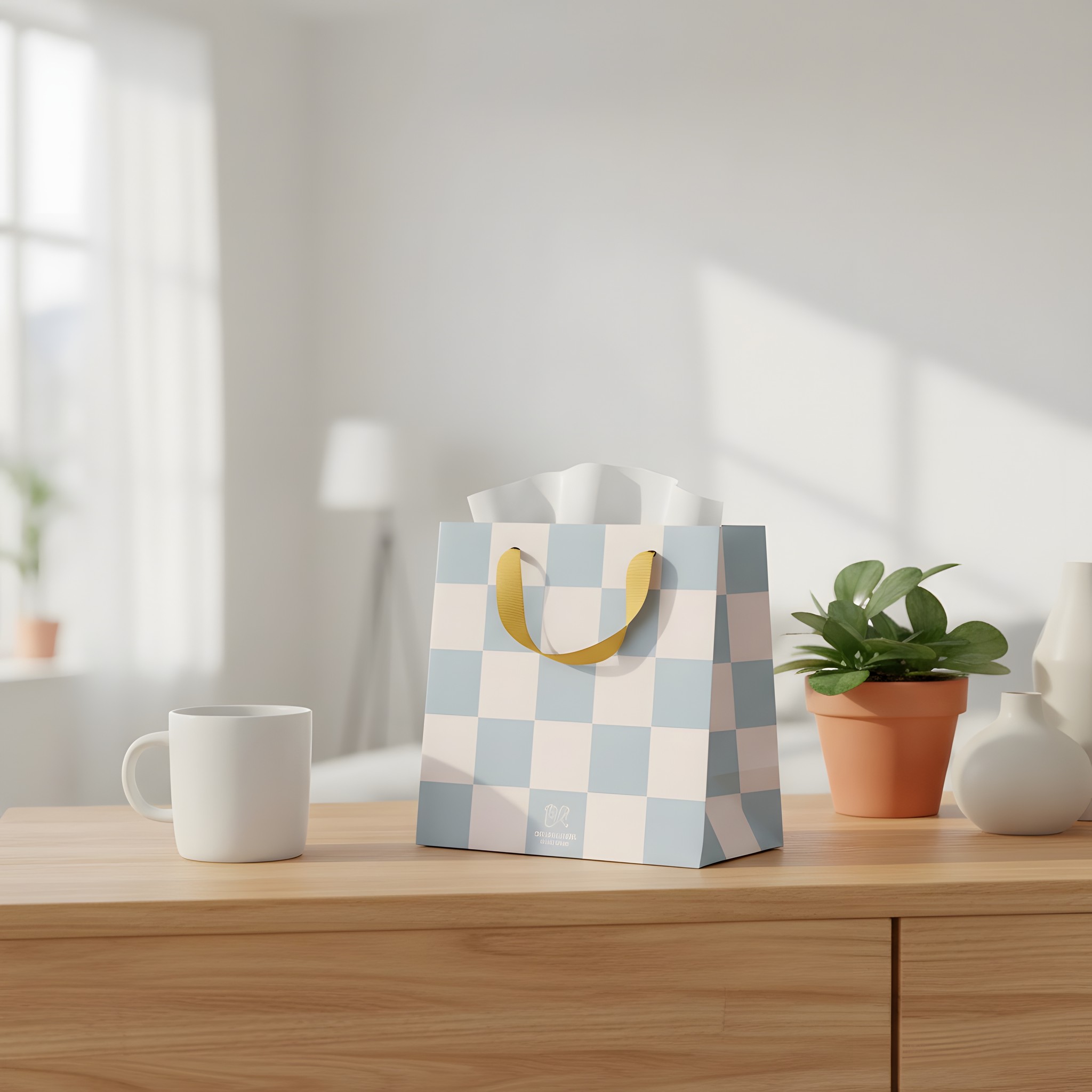Busta regalo piccola a scacchi azzurri di Ohh Deer con carta velina e tazza su una credenza in soggiorno