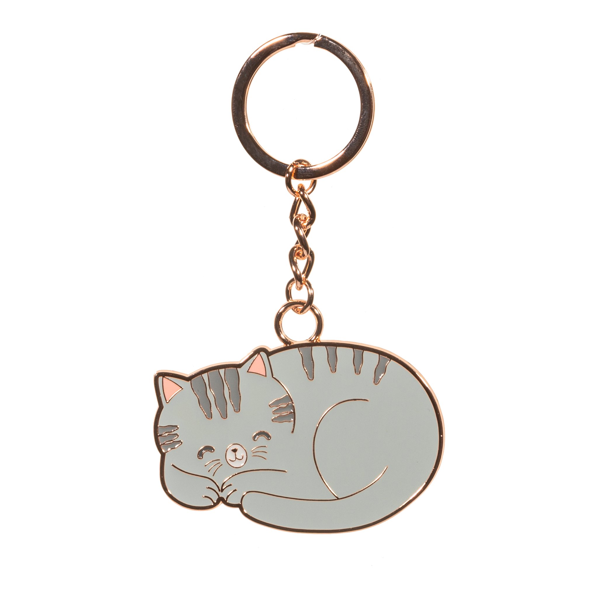 Graue Katze Schlüsselanhänger freigestellt, schlafende Emaille-Katze am Goldring