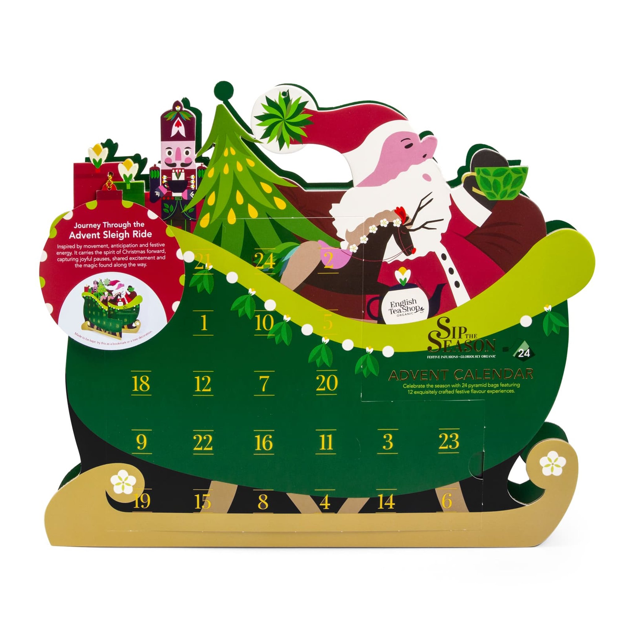 Calendrier de l'Avent au thé en forme de traîneau vu de face, avec père Noël, sapin et casse-noisette