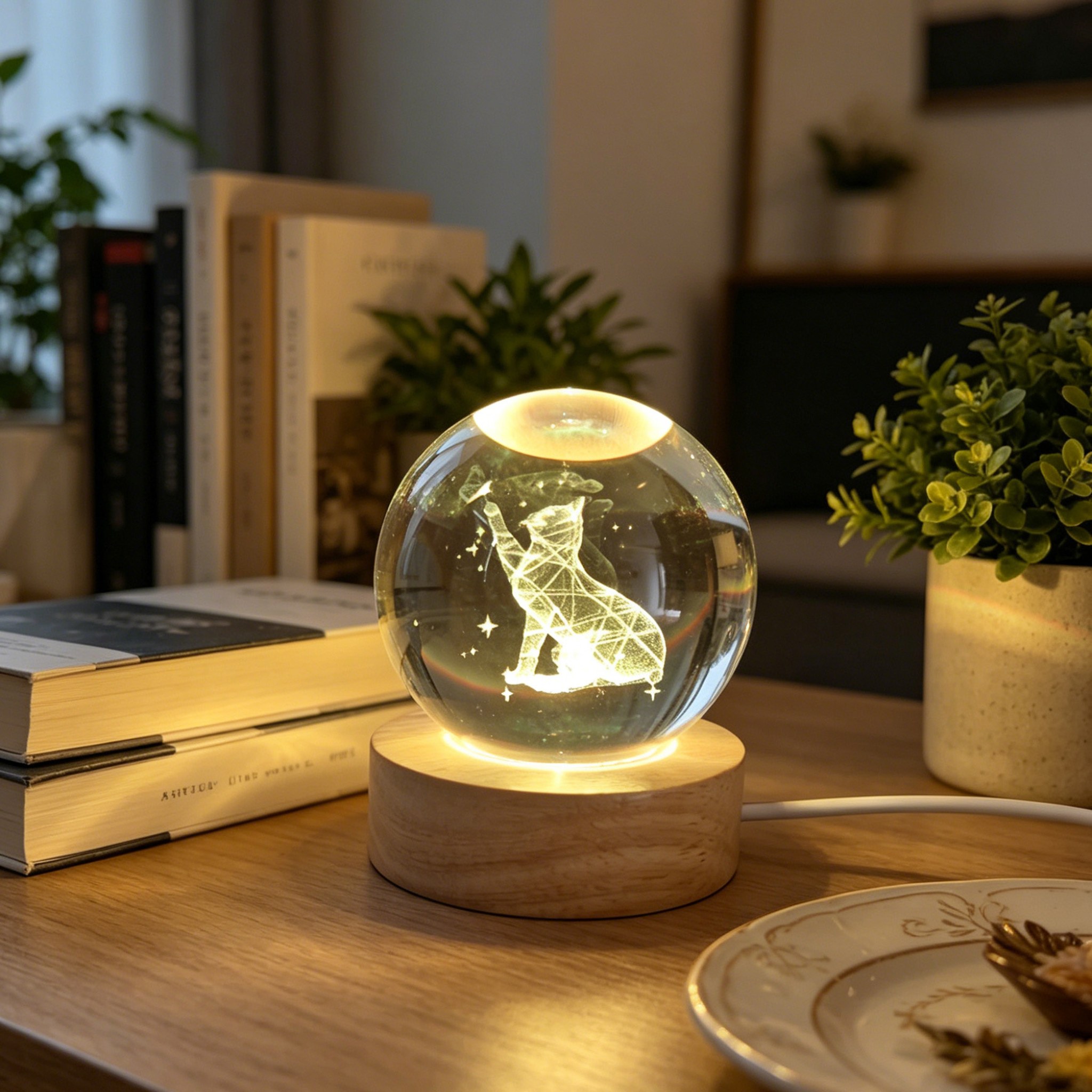Glowing cat crystal ball on a desk next to books
