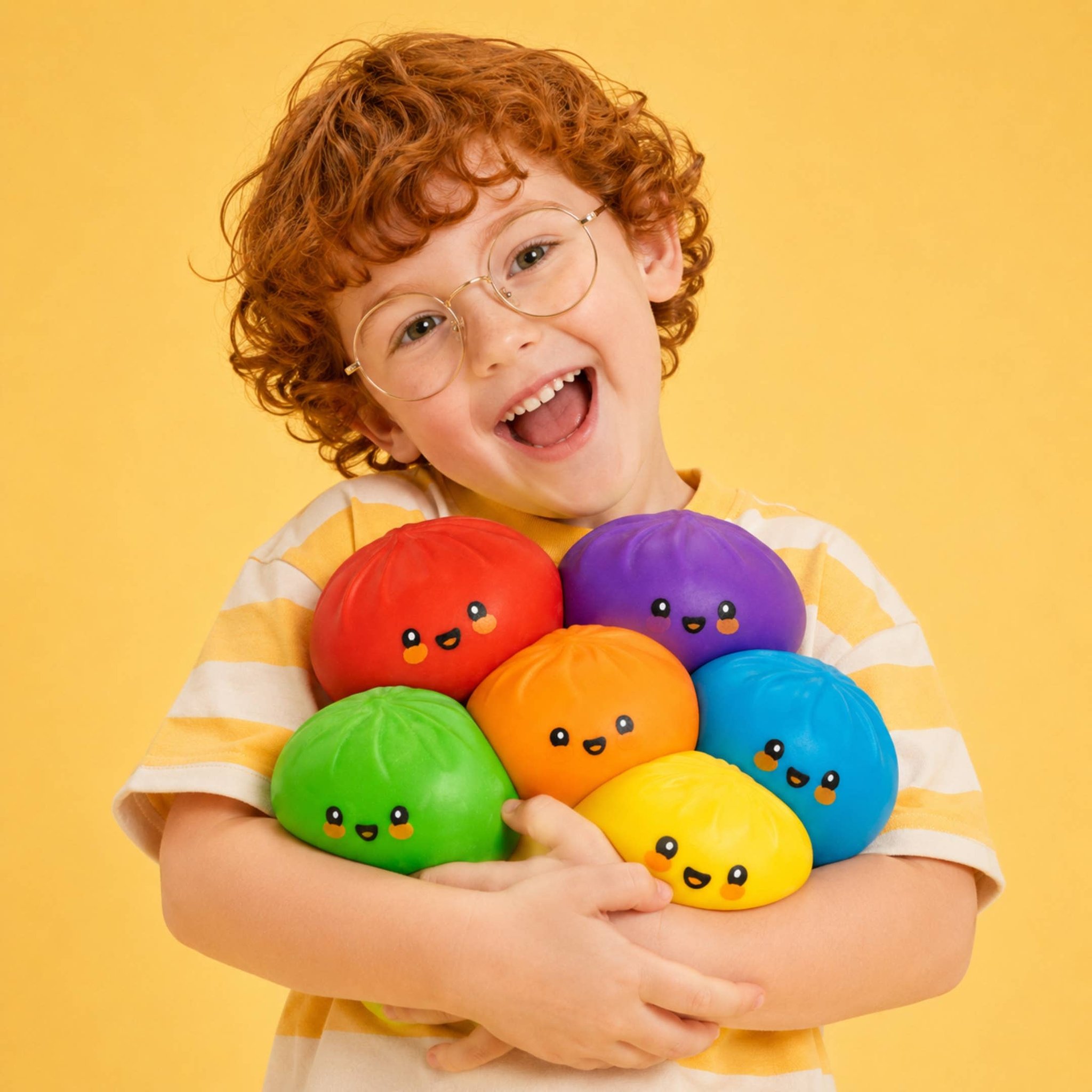 Junge hält einen Armvoll Squishy Dumplings in allen Farben der Serie