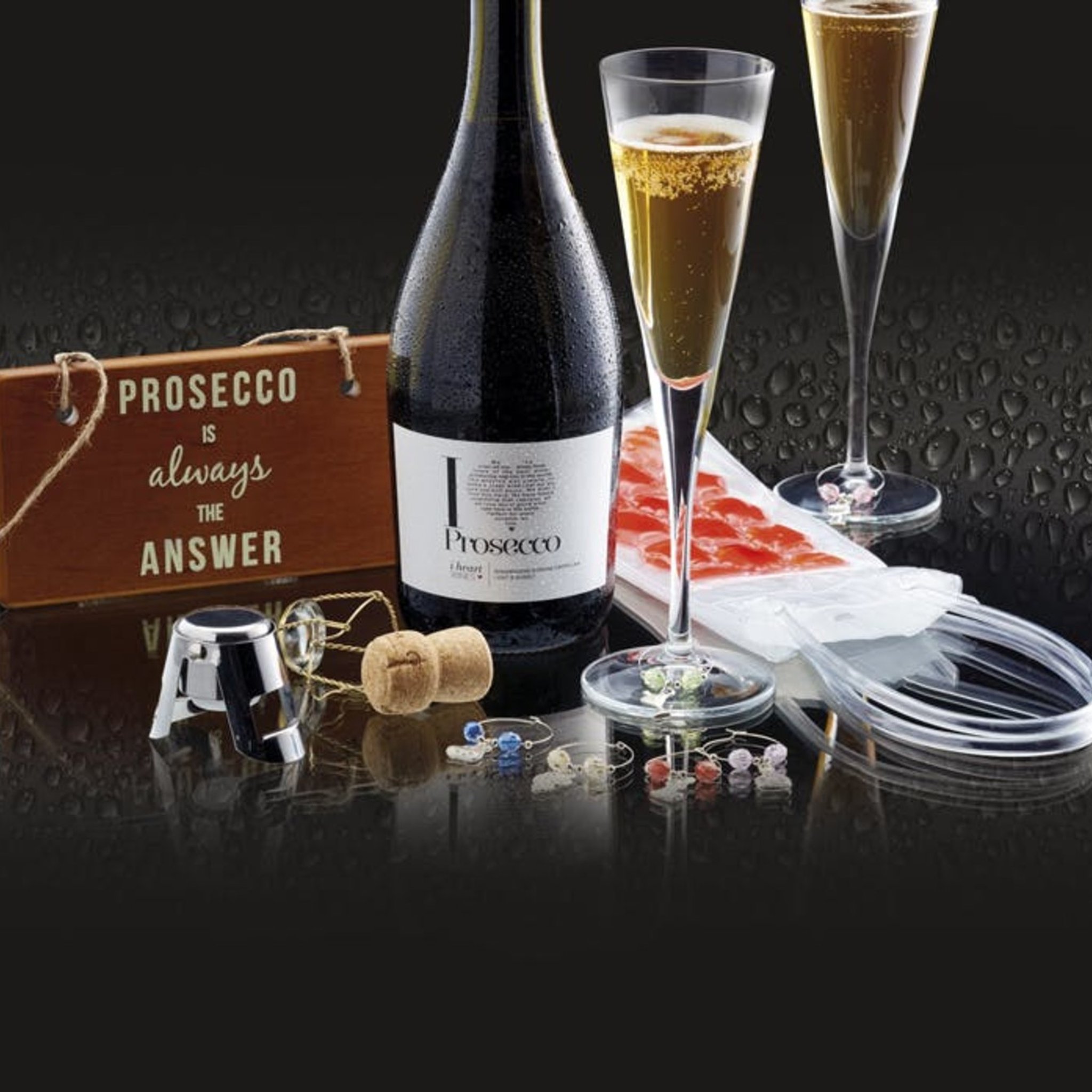 BarCraft Prosecco Geschenkset mit Flasche, Gläsern und Zubehör