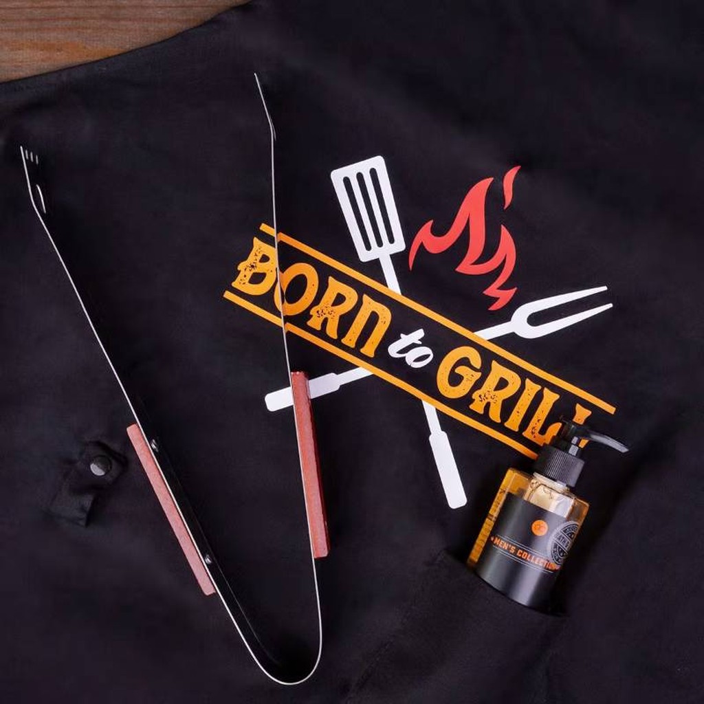 Geschenkset BBQ in Geschenkbox aus Kraftpapier mit Grillschürze und Grillzange