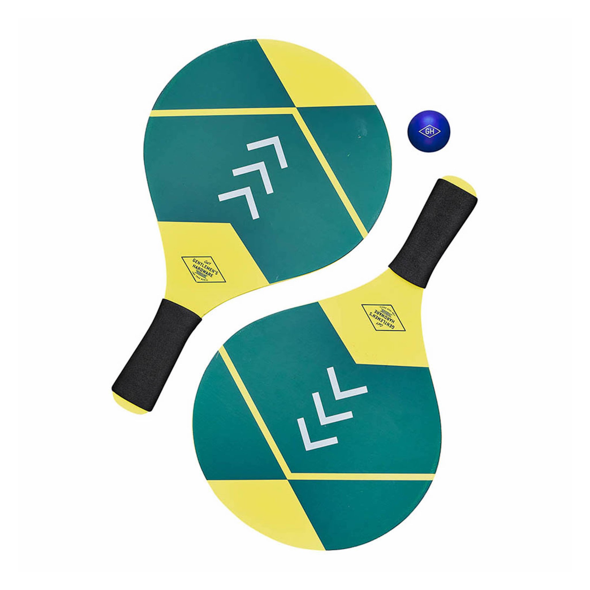 Set Jeu de Raquettes en Bois vu du dessus : deux raquettes vert et jaune, poignées noires, et une balle bleue