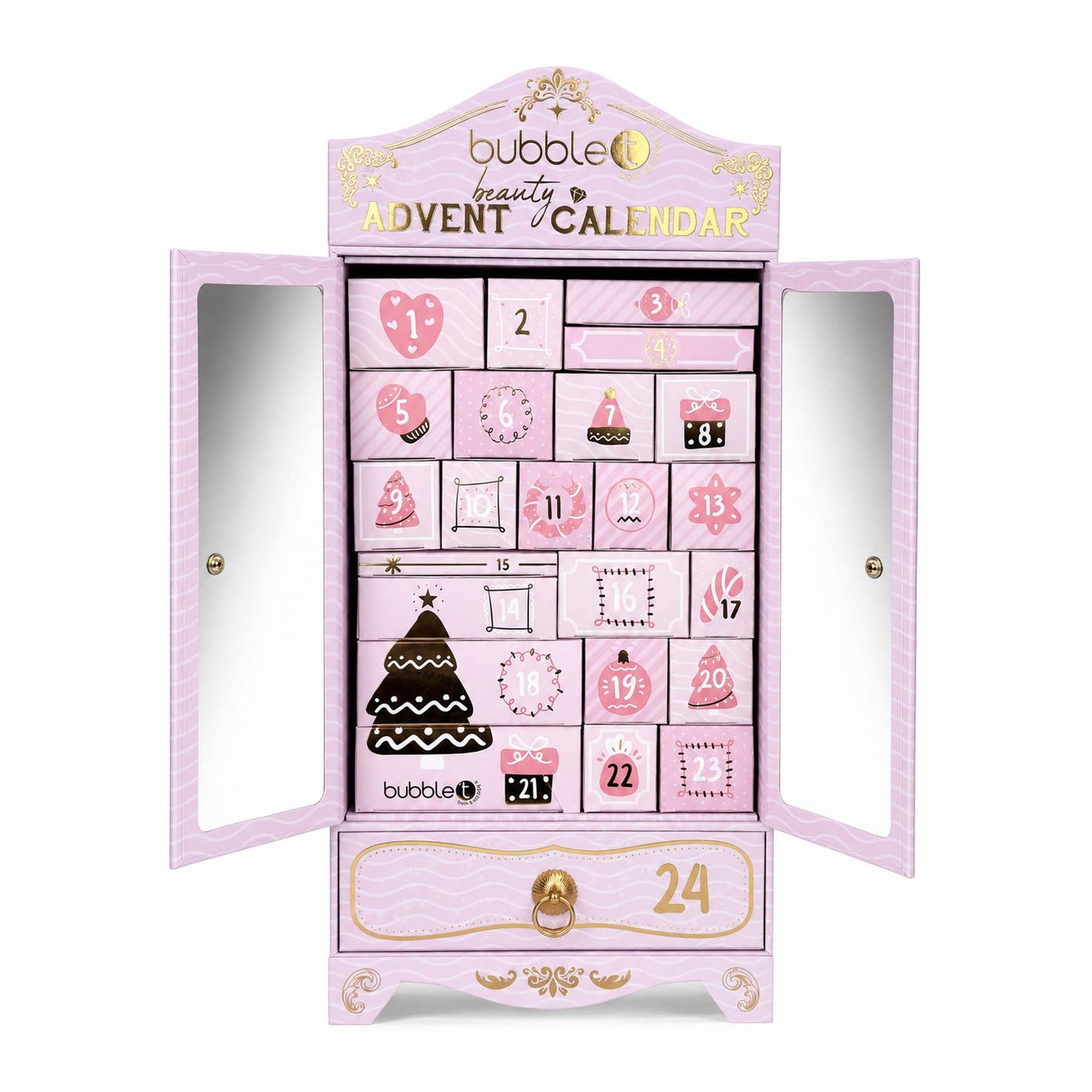 Bubble T Beauty Adventskalender 2026 – Kleiderschrank geöffnet mit allen 24 Schubladen