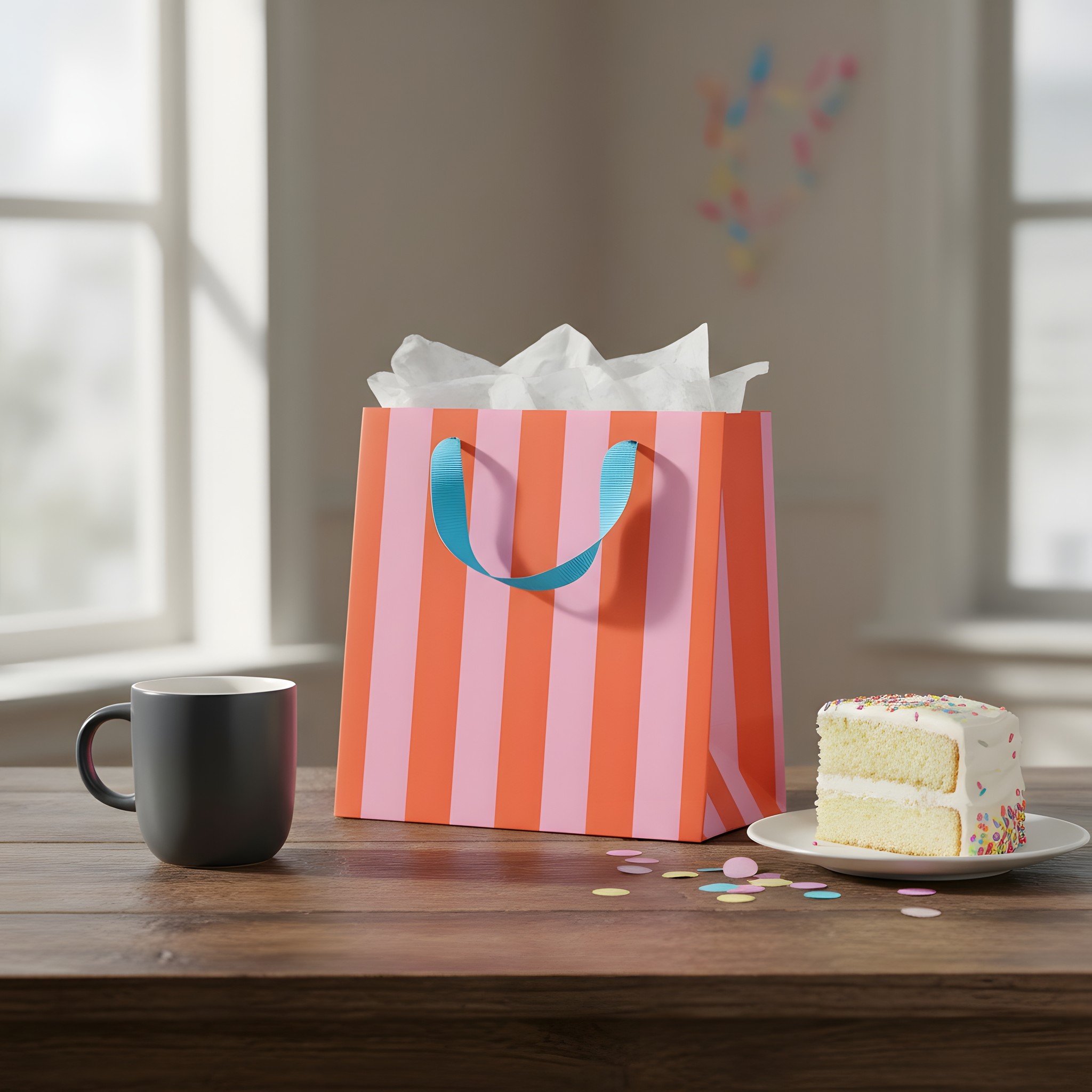 Busta regalo piccola a righe rosa e arancioni di Ohh Deer con carta velina e tazza su un tavolo di compleanno con torta e coriandoli