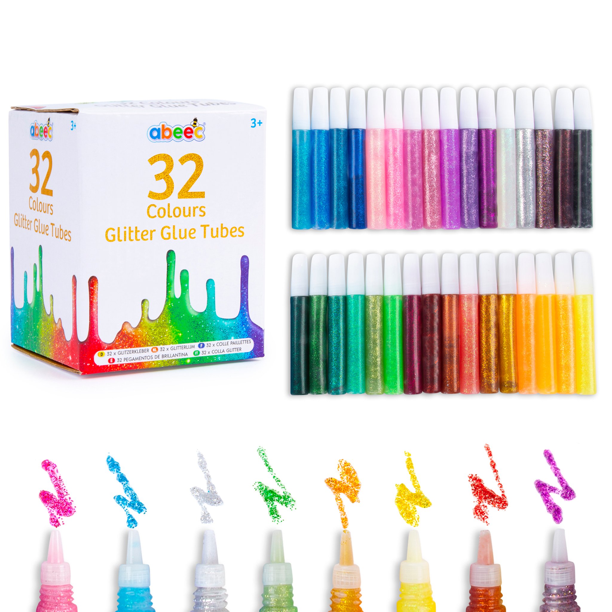 abeec Glitzerkleber Set mit 32 bunten Glitzertuben und Farbproben