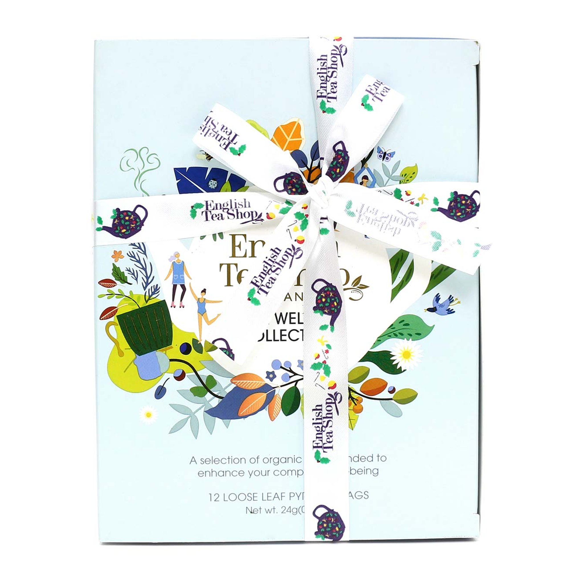 Coffret de thés bien-être dans une boîte bleu clair nouée d'un ruban, vue de face