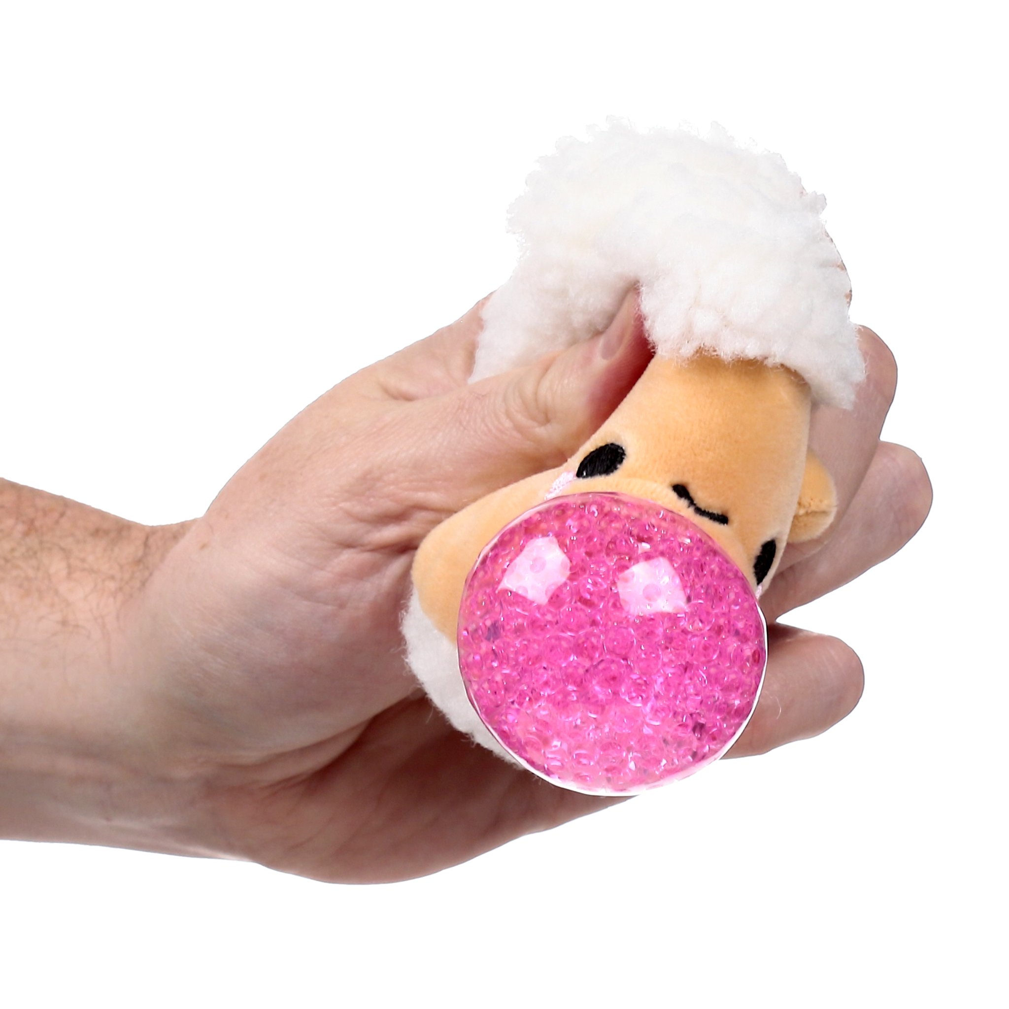 Laemmchen-Plueschstressball in der Hand, Gelkugel tritt hervor
