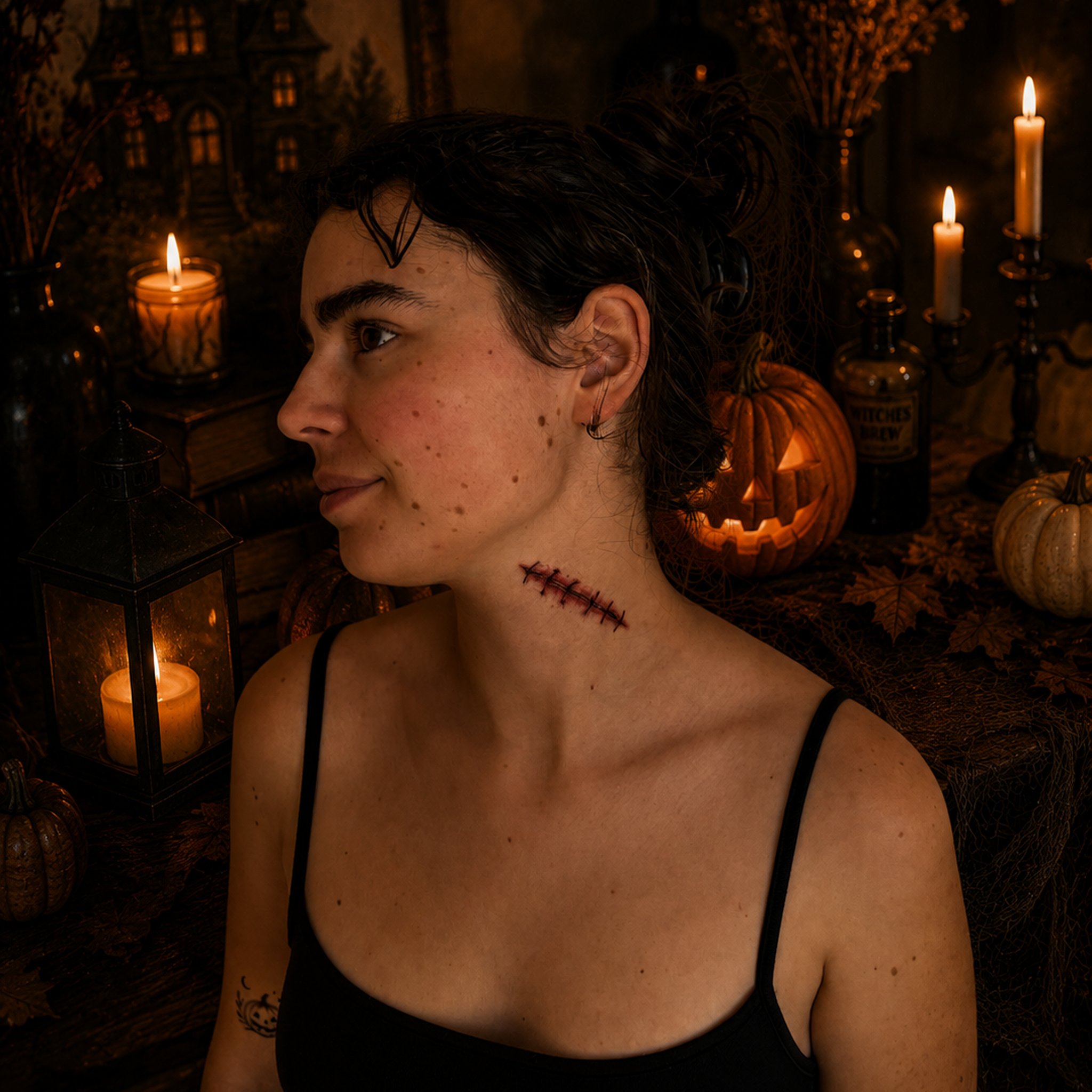 Genähte Narbe als temporäres Halloween-Tattoo am Hals, kleiner Kürbis am Oberarm