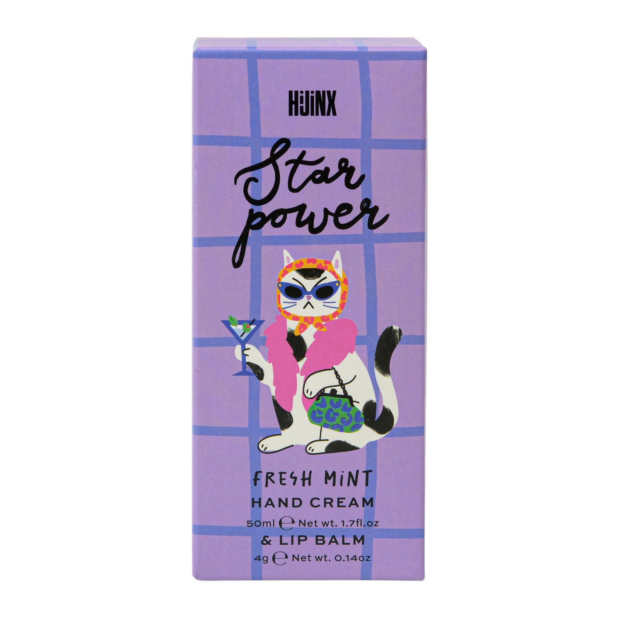 Boîte cadeau violette Star Power avec chatte à lunettes et boa