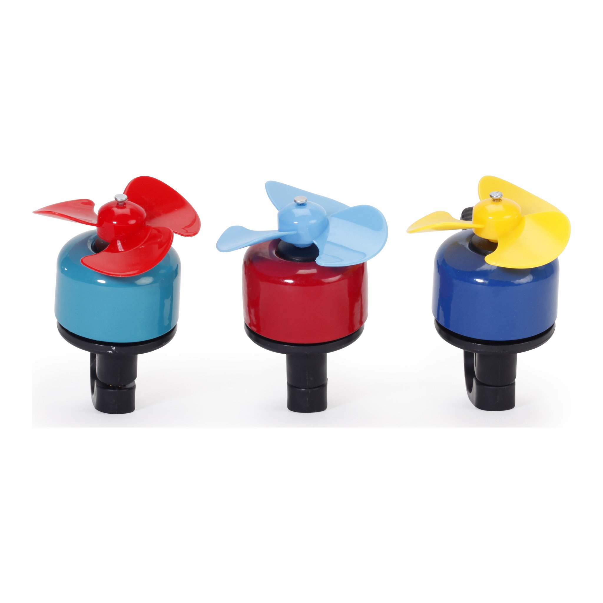 Die Fahrradklingel mit Windmühle in Blau, Rot und Gelb nebeneinander