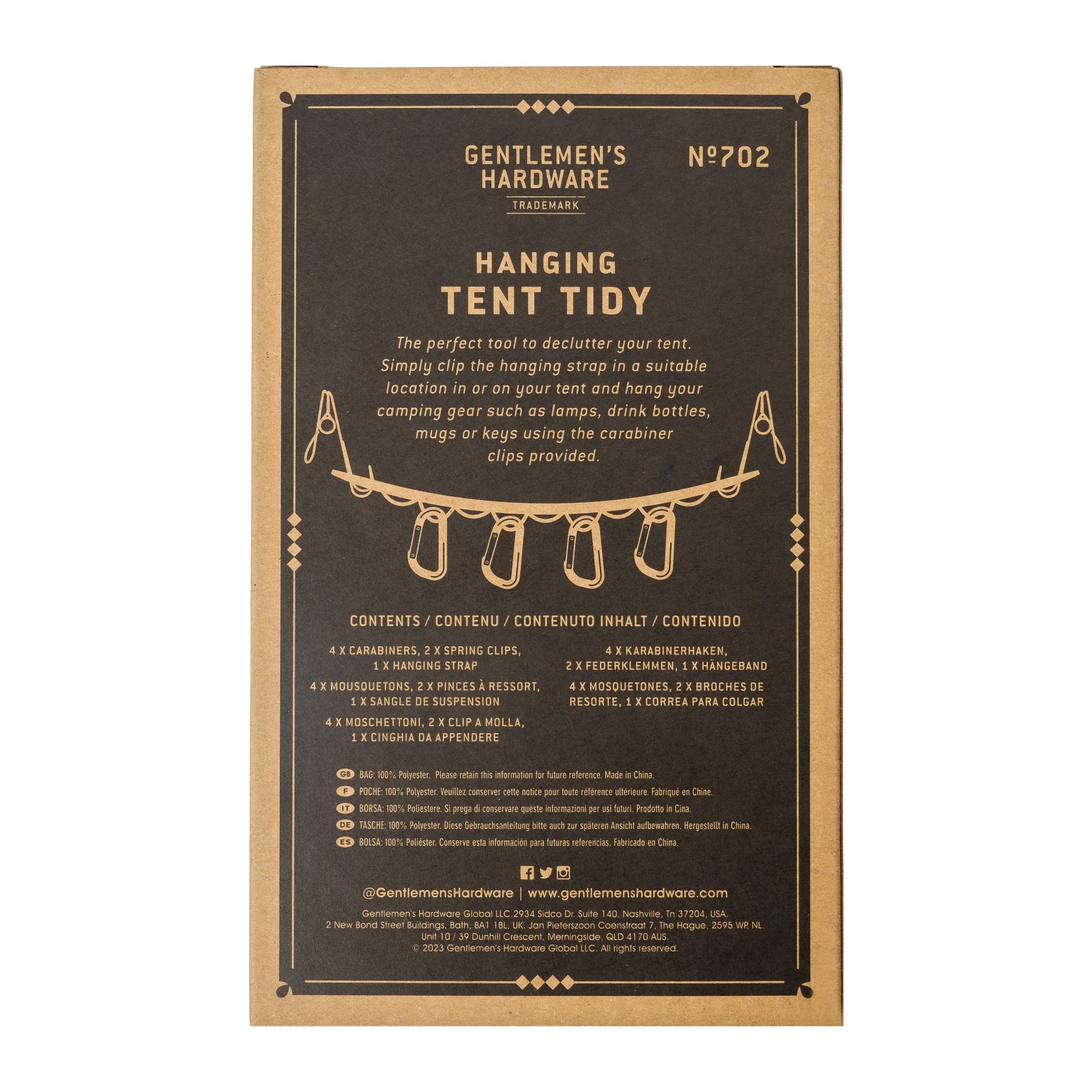 Dark back of the Hanging tent tidy box with a short description, a strap drawing and the list of contents