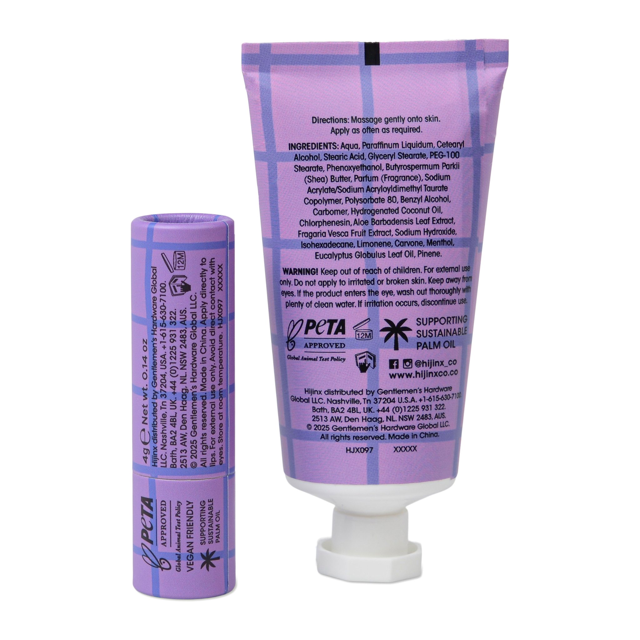 Dos du tube de crème mains avec les ingrédients, à côté du baume
