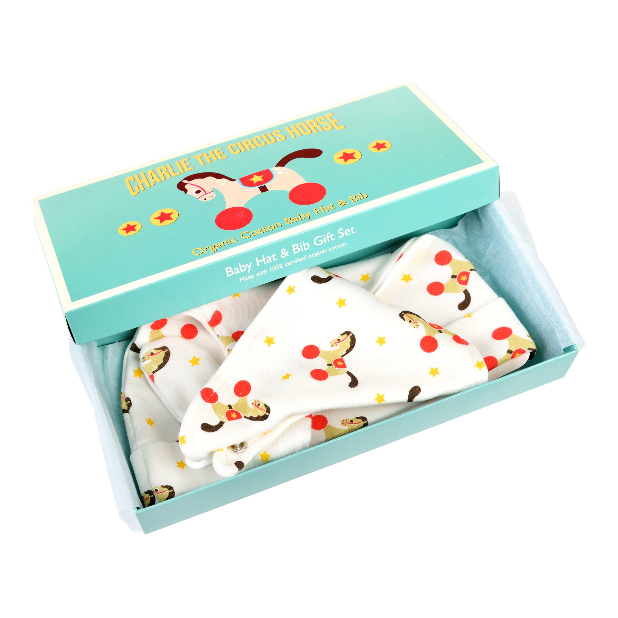 Coffret cadeau ouvert avec bavoir et bonnet « Charlie the Circus Horse »