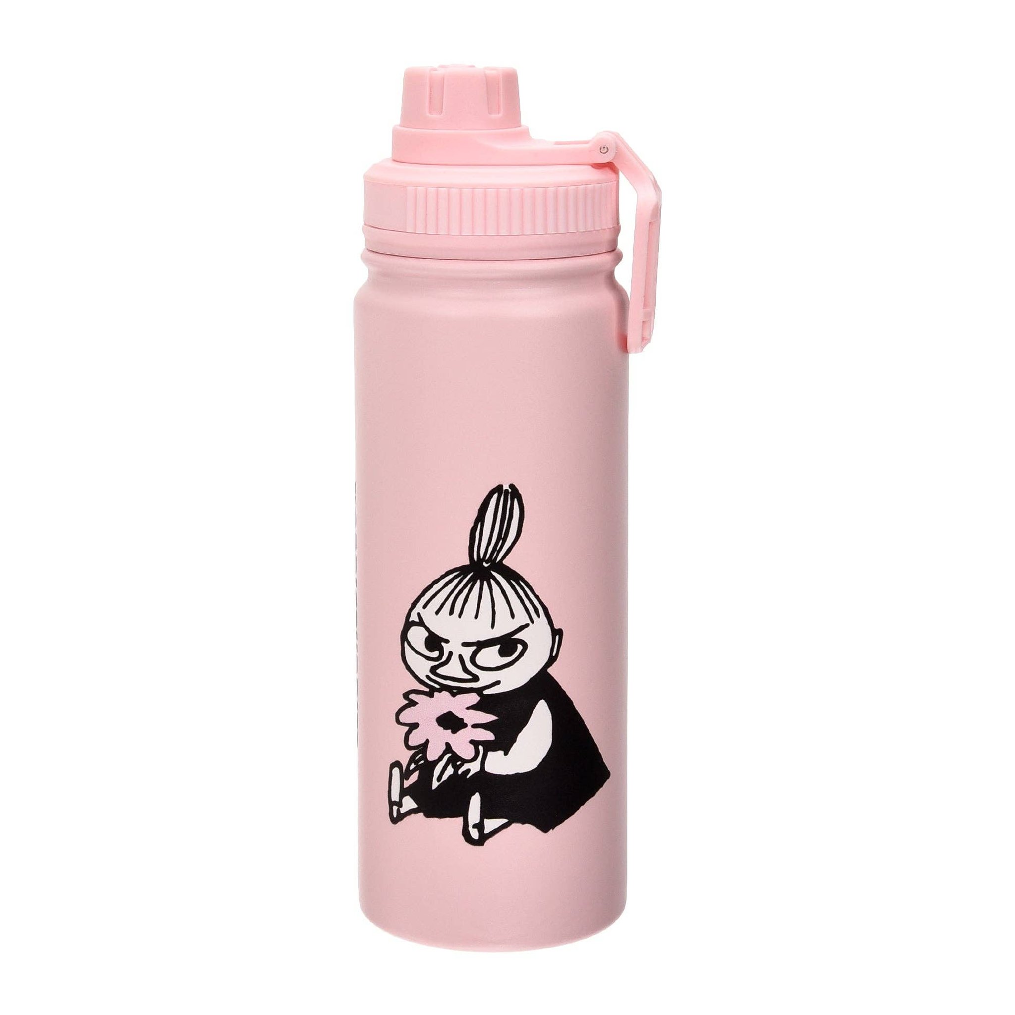 Pink Little My thermal bottle showing Little My holding a flower, with carry handle on the lid