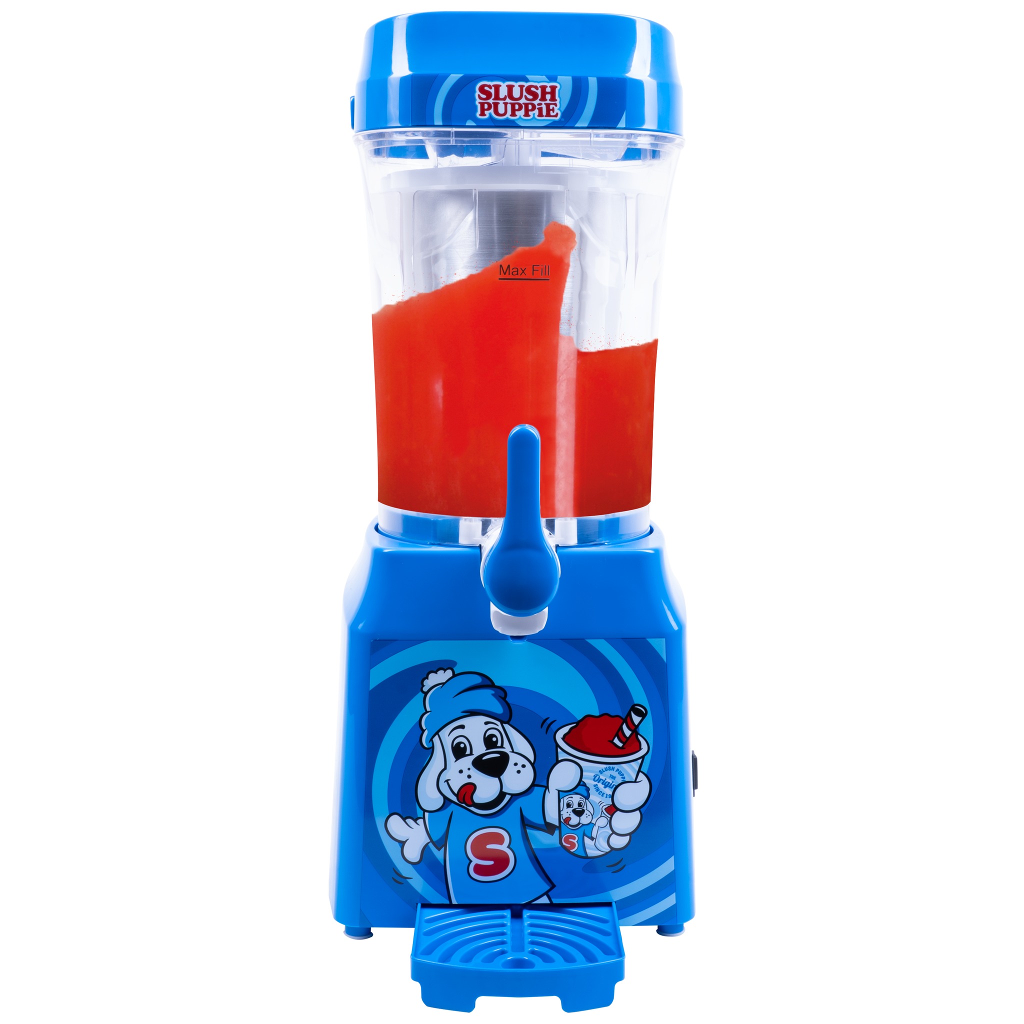Slush Puppie Machine by Fizz filled with red slush — front view