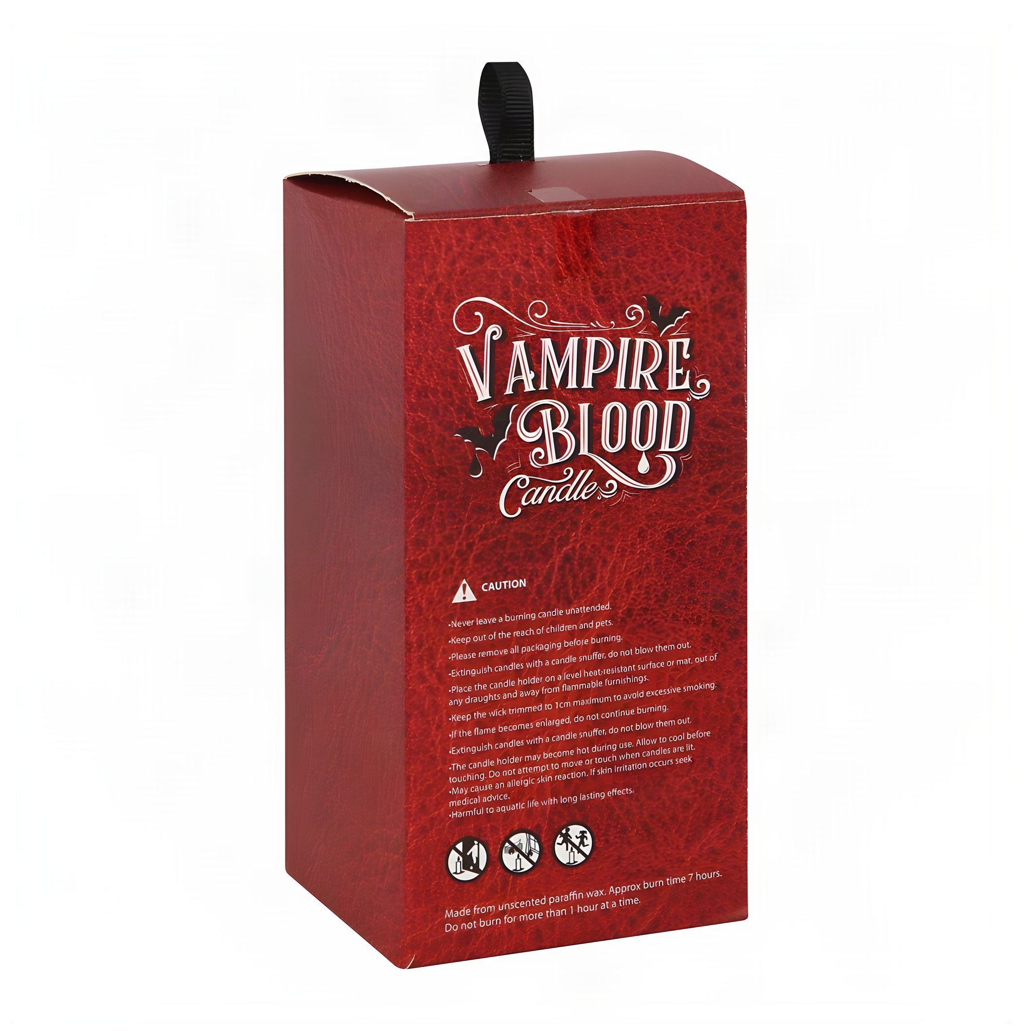 Rückseite der roten Verpackung der Vampirblut-Kerze mit Sicherheitshinweisen