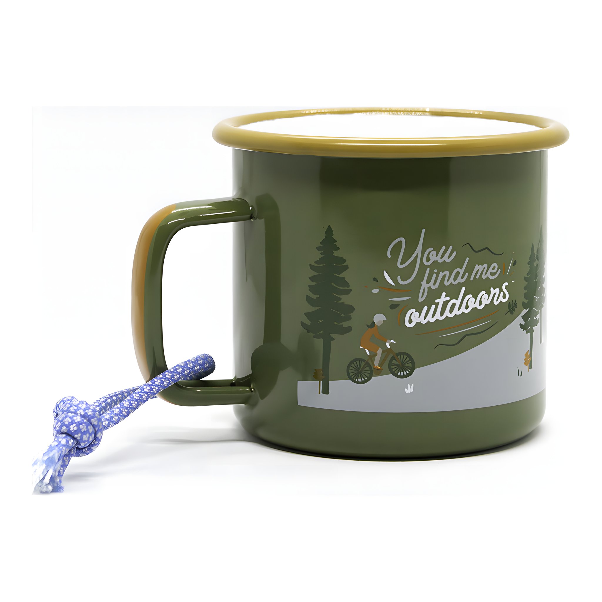 Emaillebecher You find me Outdoors in Oliv mit Schriftzug und gelbem Rand