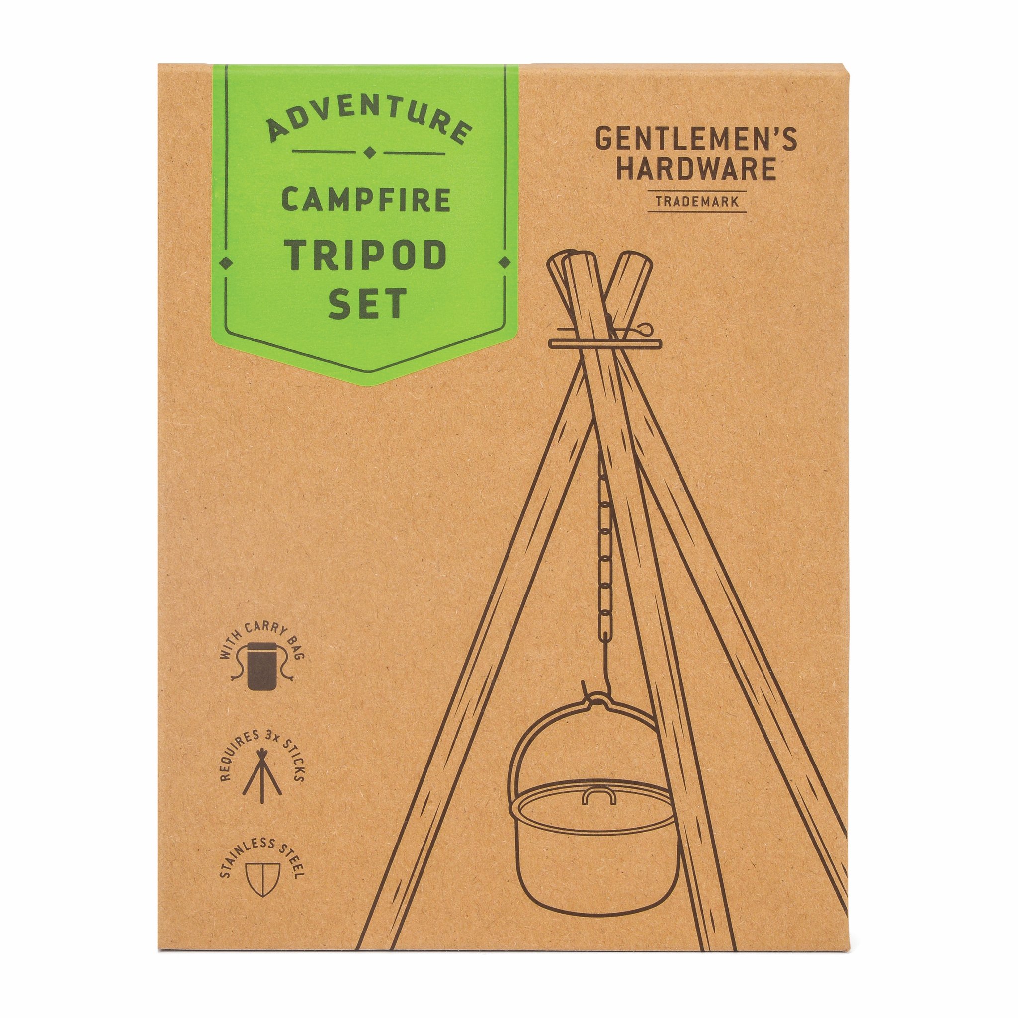 Cardboard box of the Campfire Tripod Set with a green label and a drawing of a tripod with a hanging pot