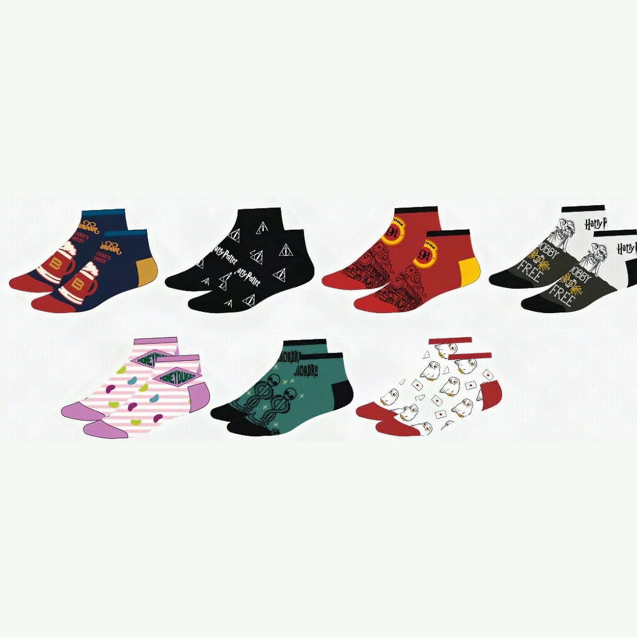 Sept paires de socquettes avec Bièraubeurre, Hedwige, Dobby et les Reliques de la Mort