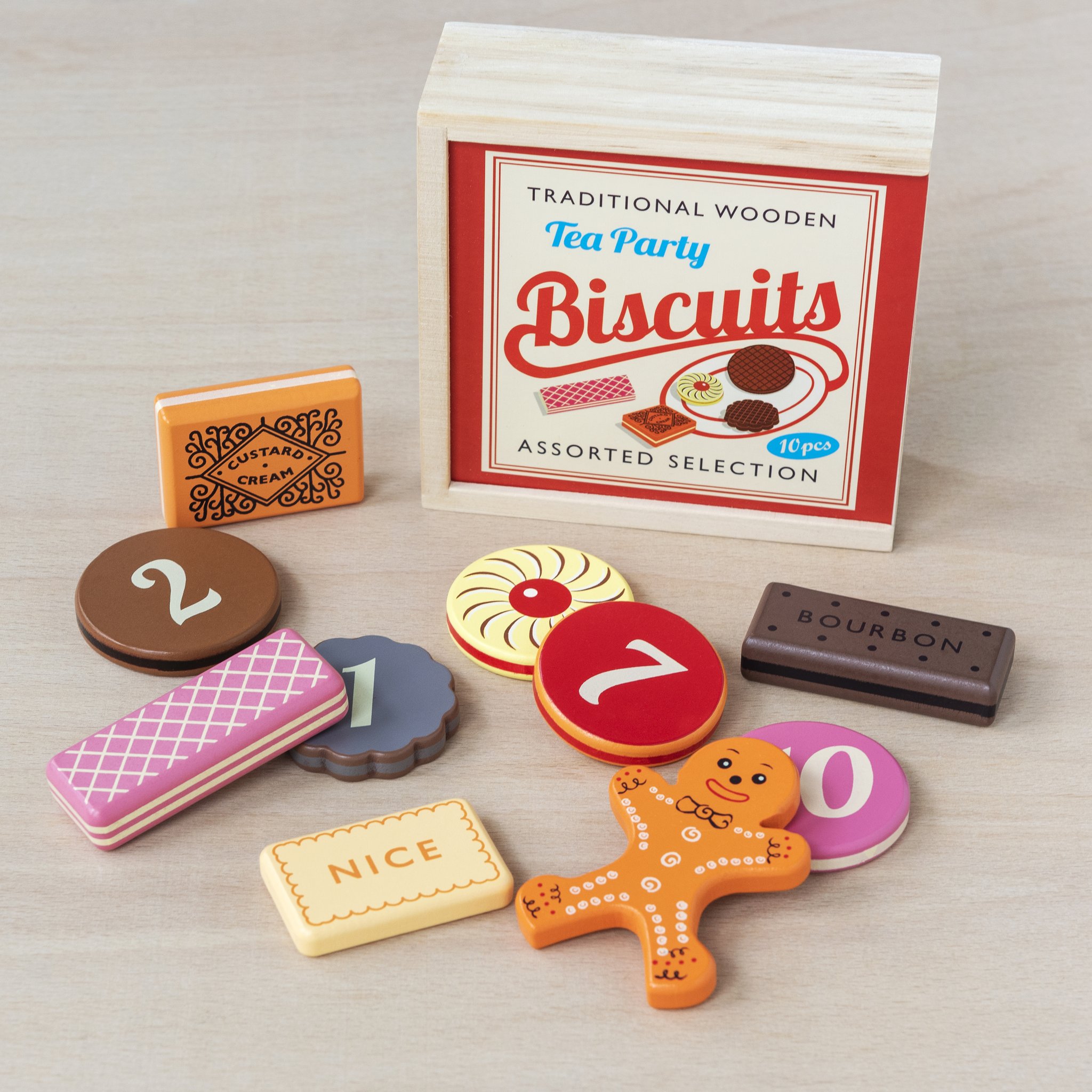 Wooden tea party biscuits with numbers in front of the 'Tea Party Biscuits' wooden box