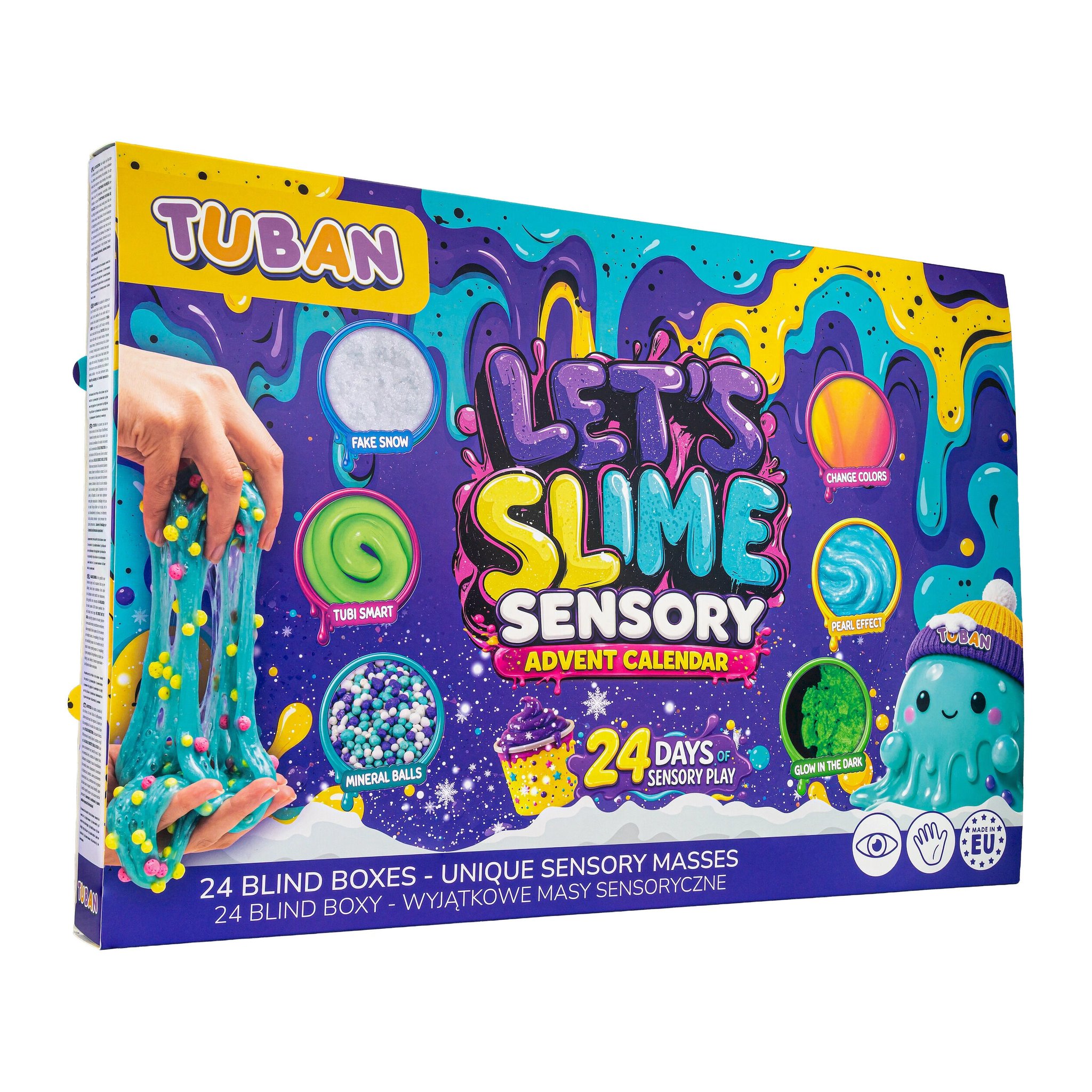 Let's Slime Adventskalender schräg von der Seite, Aufdruck 24 Blind Boxes mit Sensorik-Massen