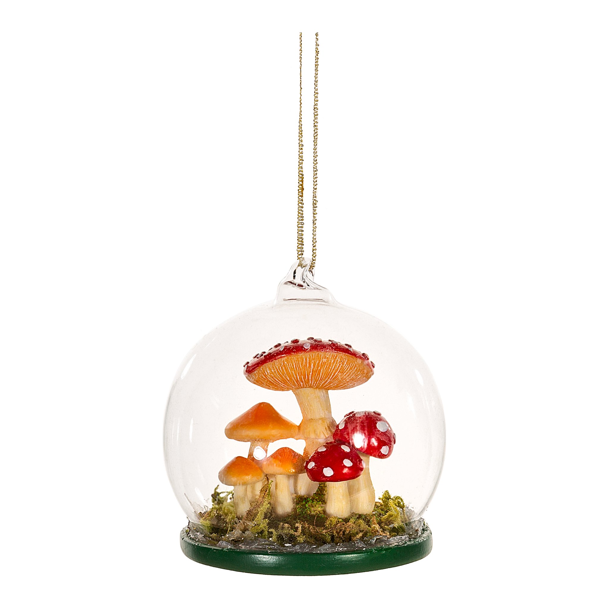 Boule de Noël champignons des bois Sass & Belle, dôme en verre avec champignons et mousse, détourée