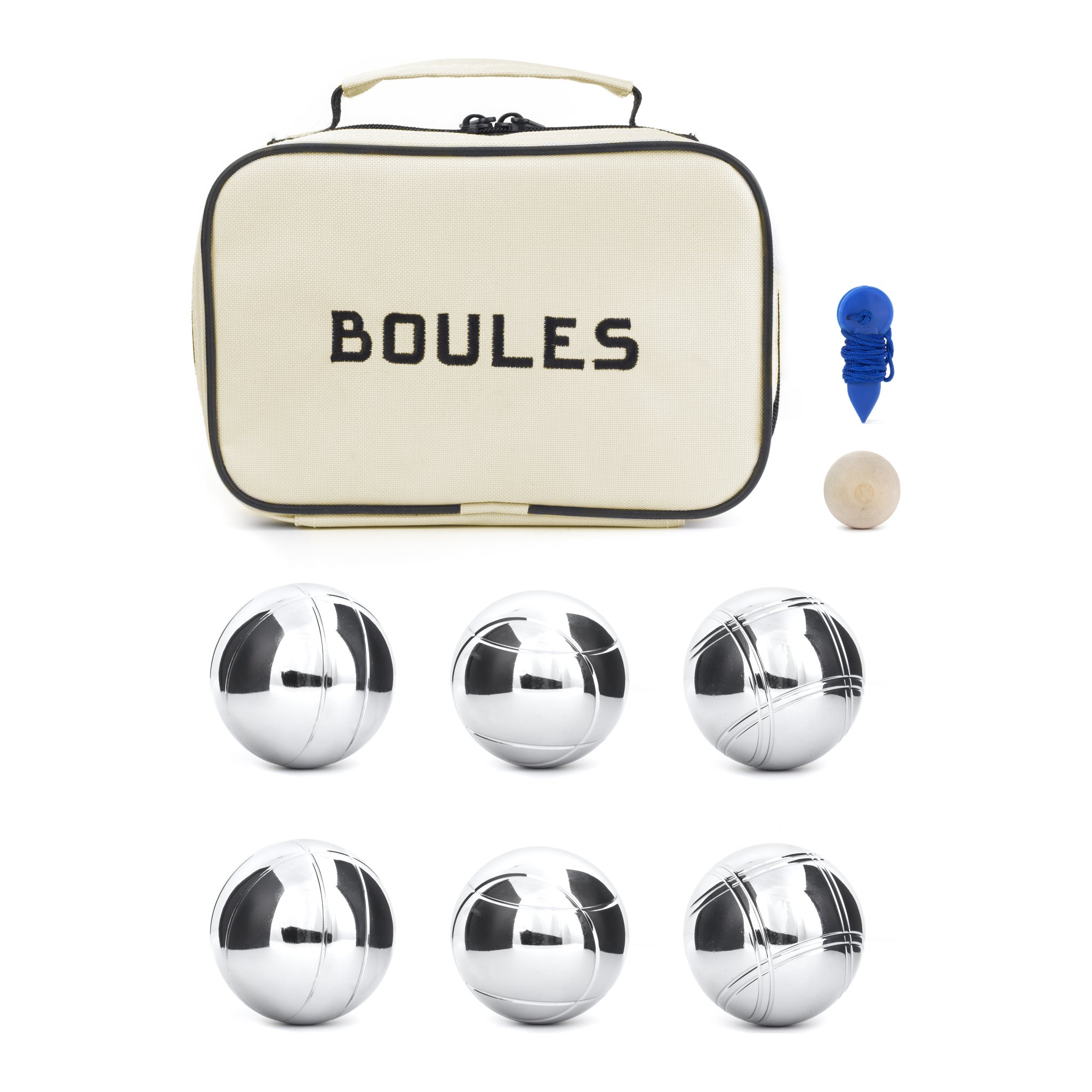Jeu de boules étalé : sac, six boules en métal, cochonnet en bois et mètre