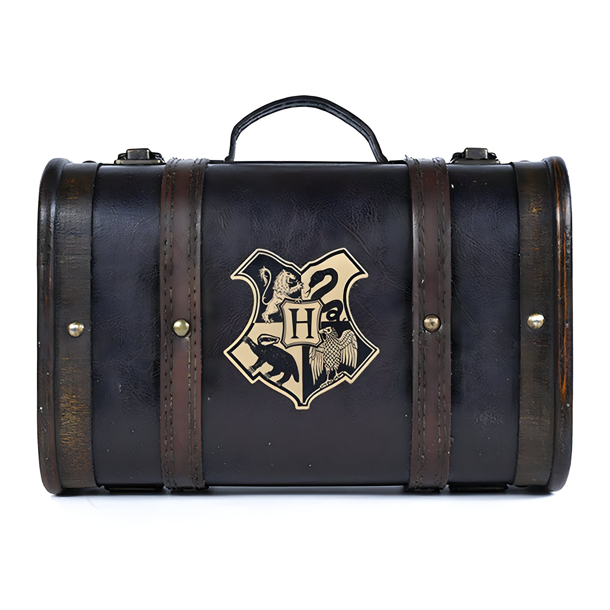 Vorderseite des Geschenkkoffers mit goldenem Hogwarts-Wappen und Tragegriff
