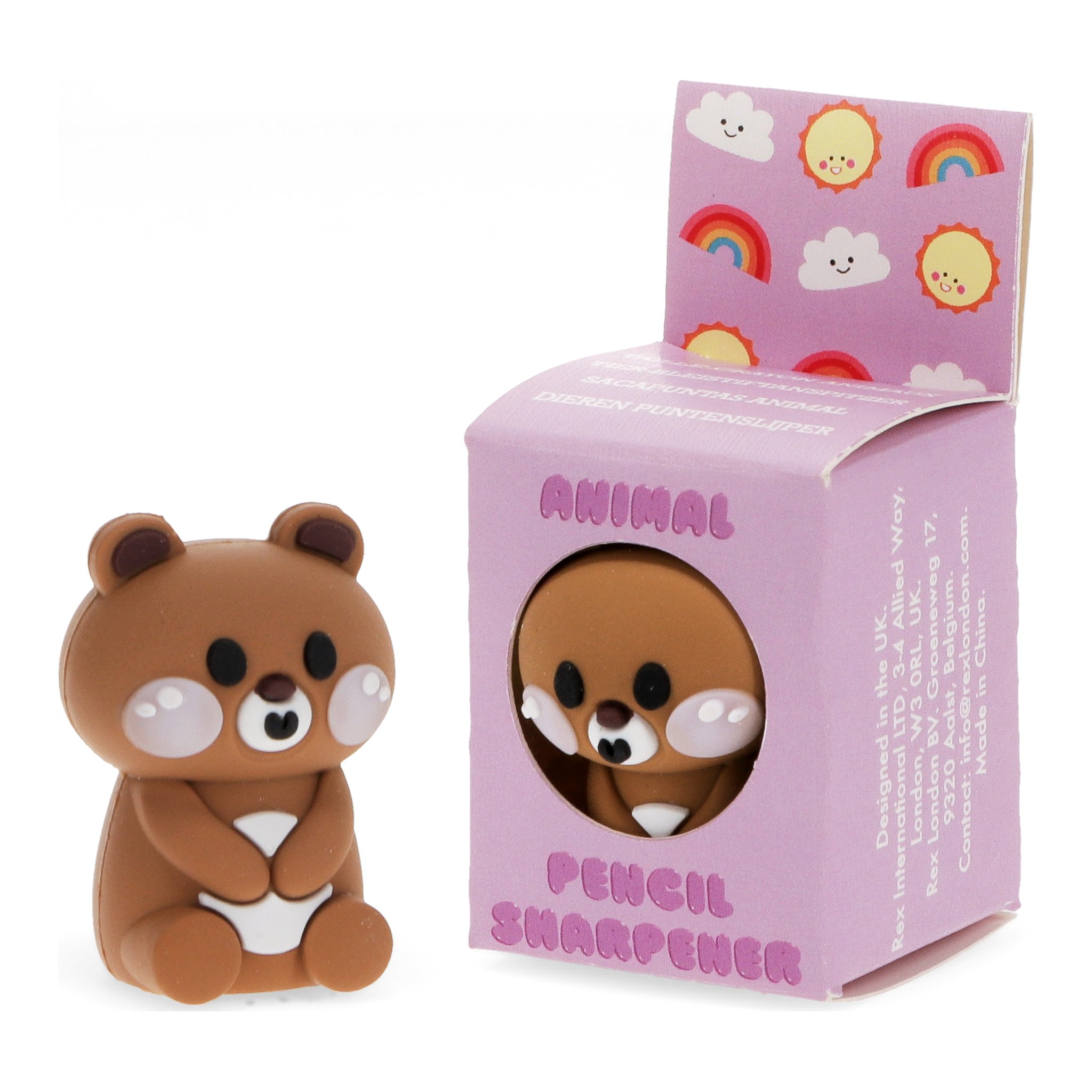 Anspitzer Bär neben der lila Verpackung «Animal Pencil Sharpener»
