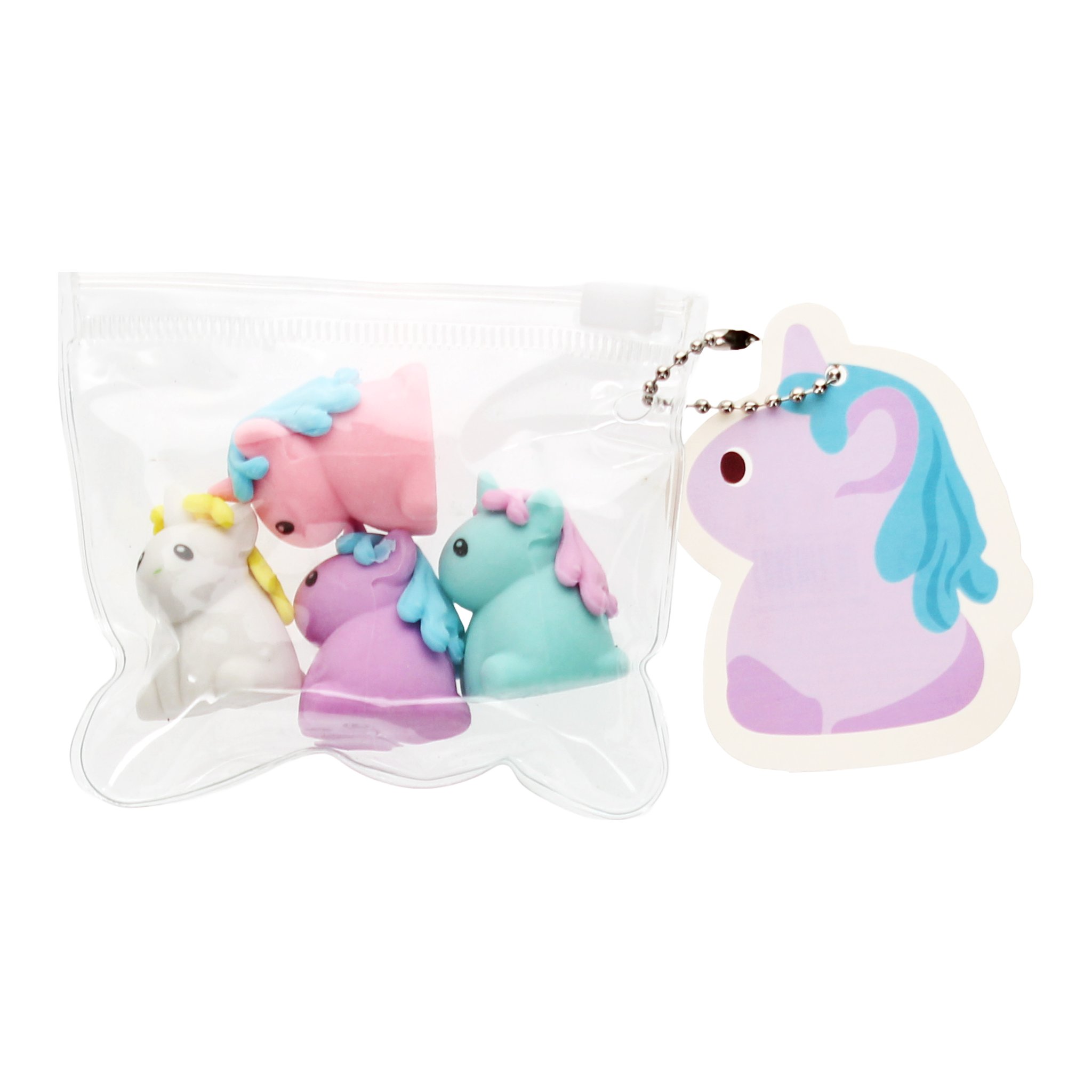 Einhorn Radiergummis: vier pastellfarbene Einhörner in der transparenten Zip-Tasche mit Einhorn-Anhänger