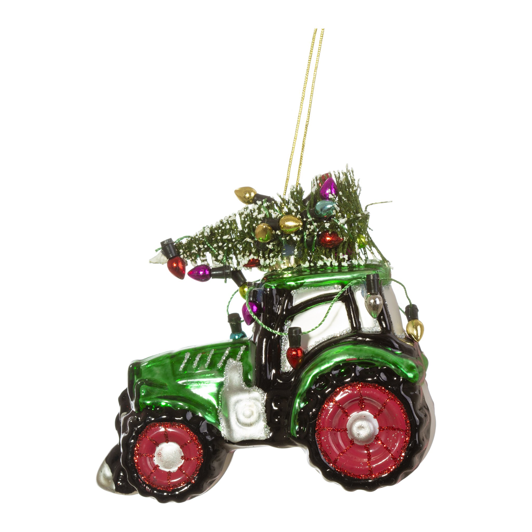 Tractor Christmas tree decoration cut-out, glass tractor with red wheels and fir tree