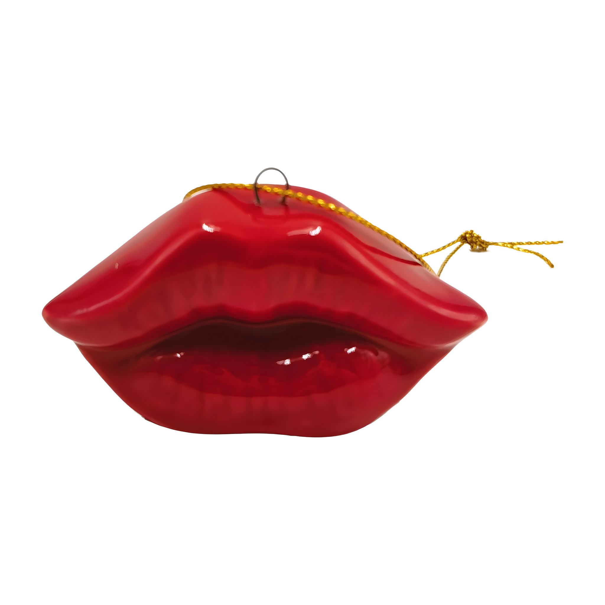 Rote Lippen Weihnachtsanhänger aus glänzender Keramik mit Goldschnur, freigestellt