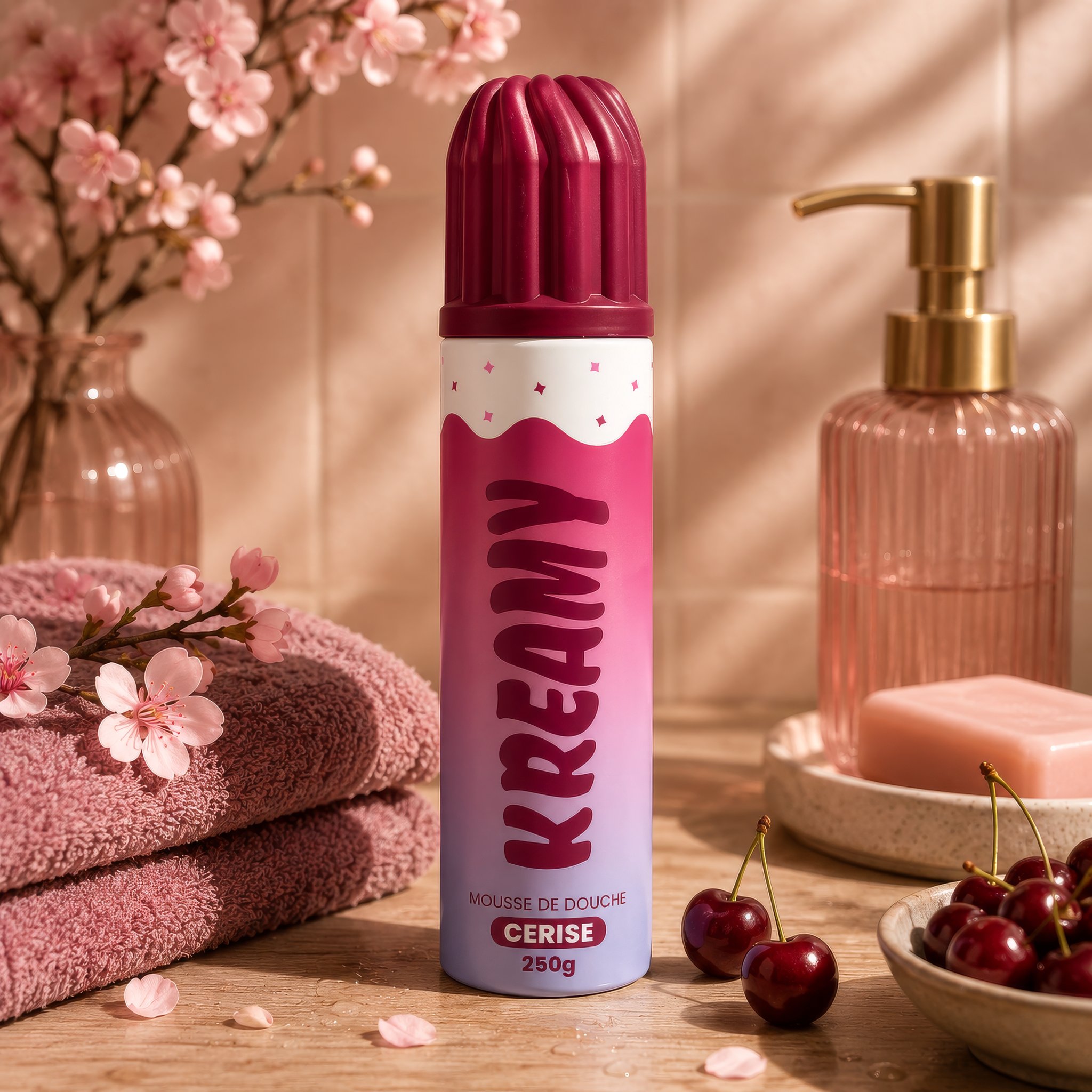 Kreamy Duschschaum Kirsche 250 g im Badezimmer mit Kirschen und Kirschblüten