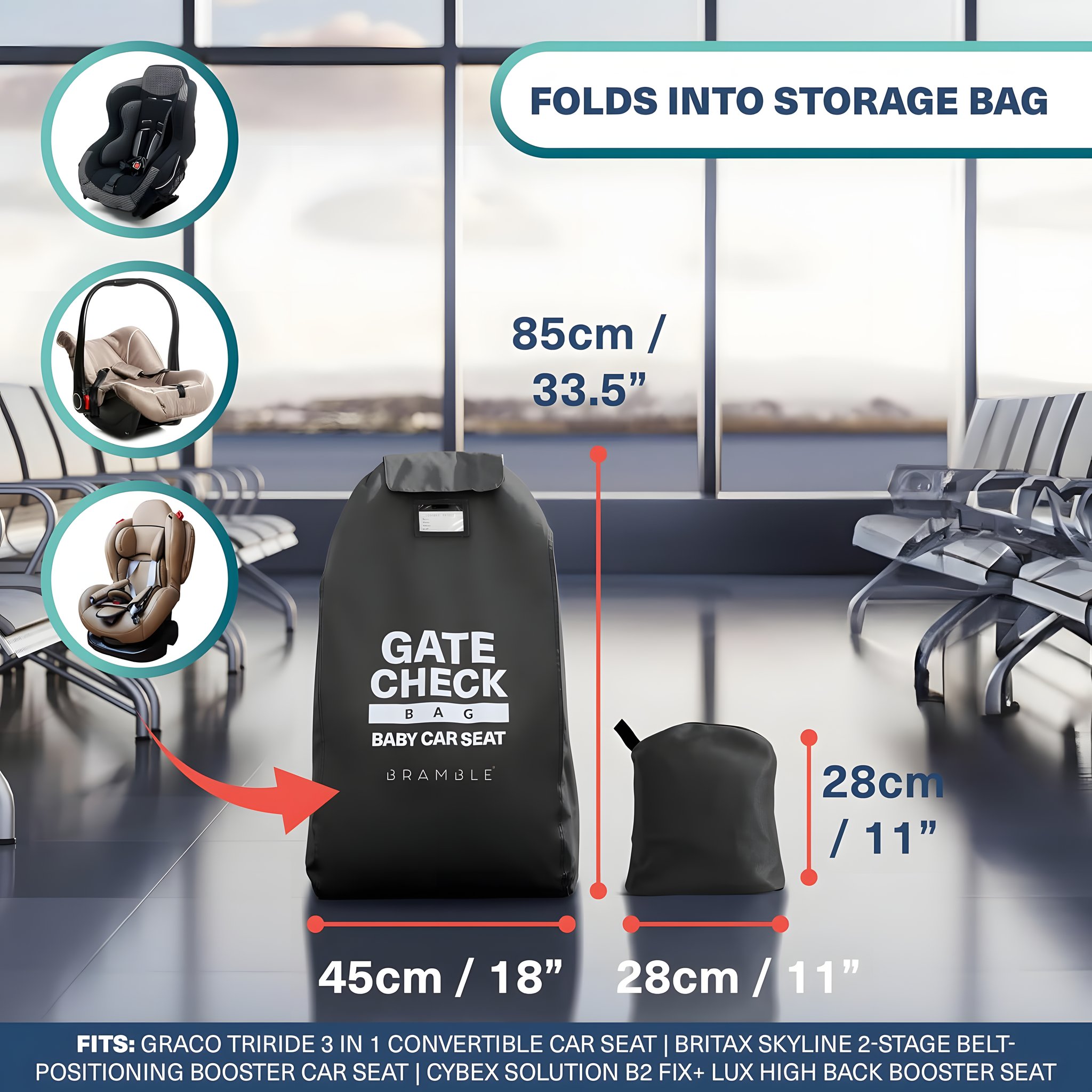 Borsa da viaggio nera per seggiolino auto – dimensioni 85 × 45 cm, ripiegabile a 28 × 28 cm