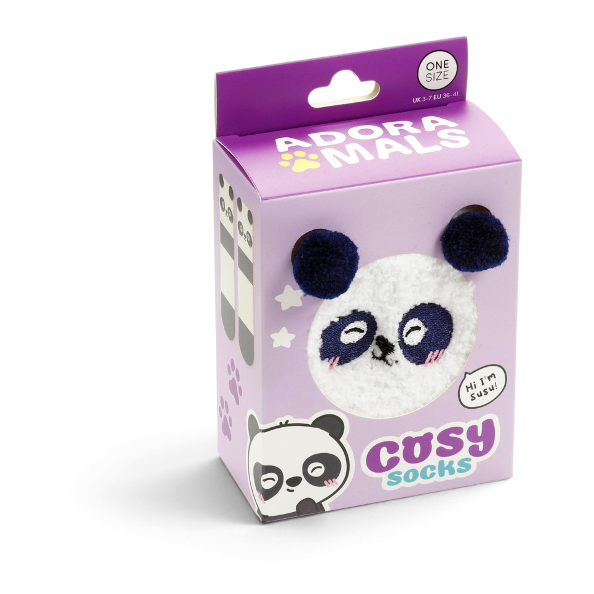 Panda-Kuschelsocken in der Verpackung