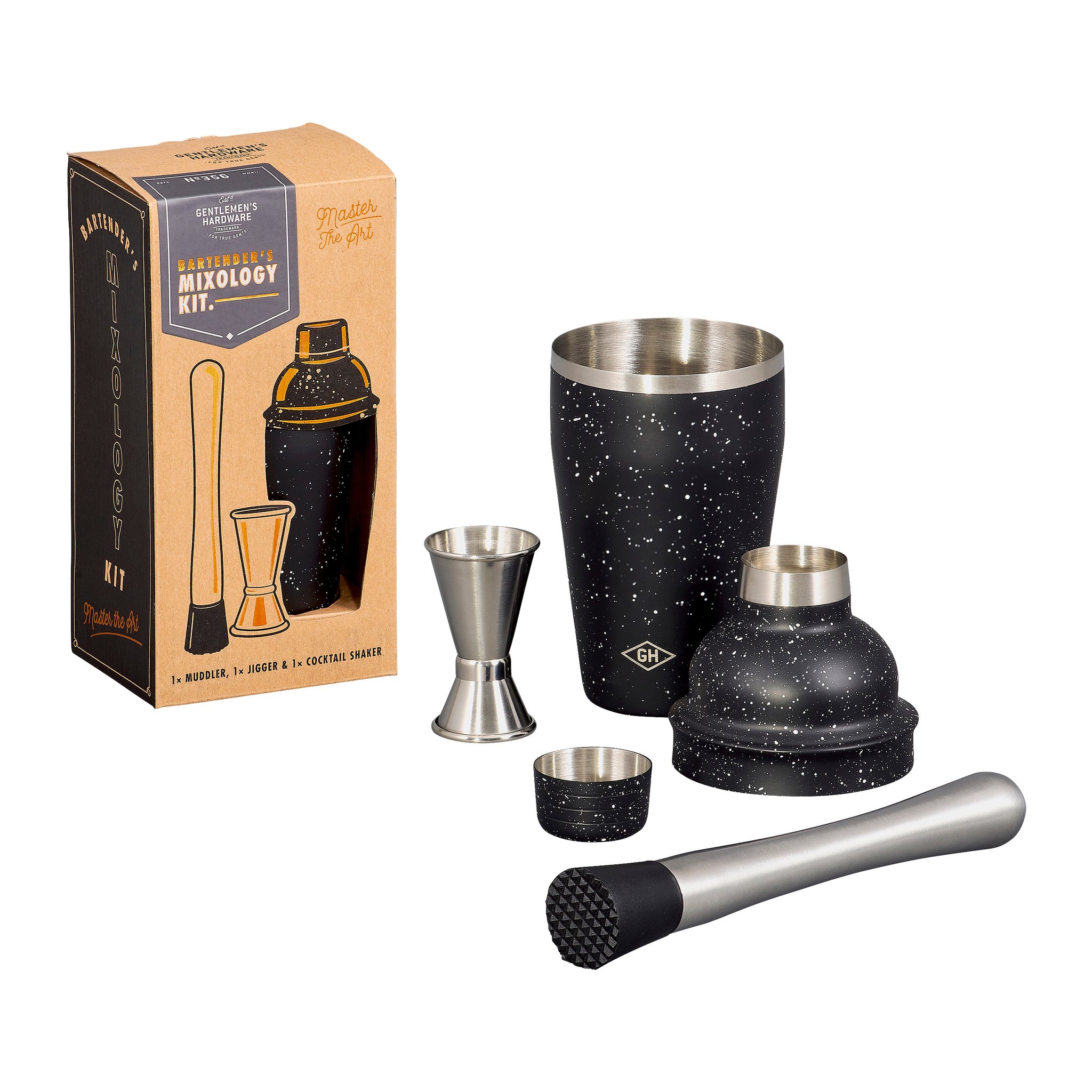 Angled box of the Bartender's Mixology Kit with the shaker taken apart, plus jigger and muddler laid out in front
