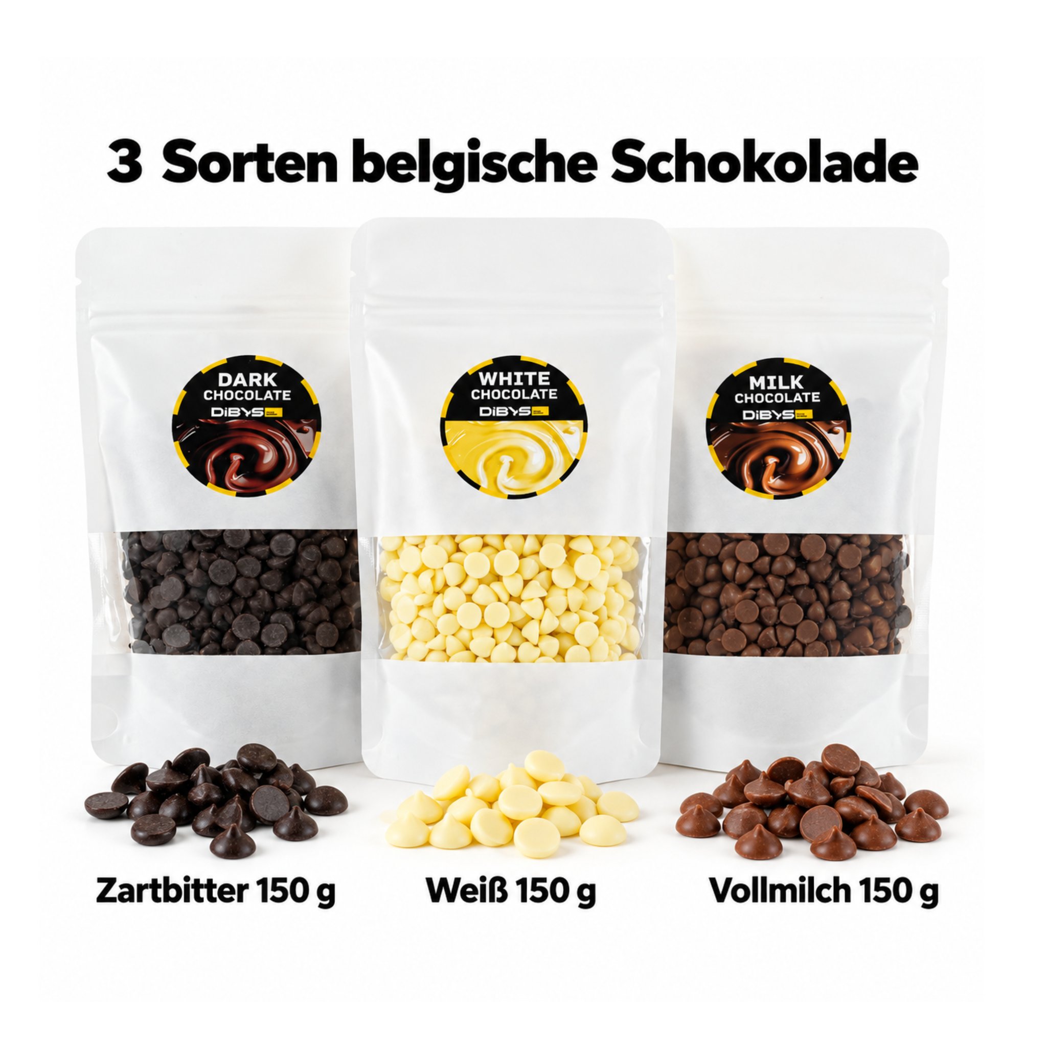 150 g chacun de chocolat belge noir, blanc et au lait en sachets, issus du kit pralinés