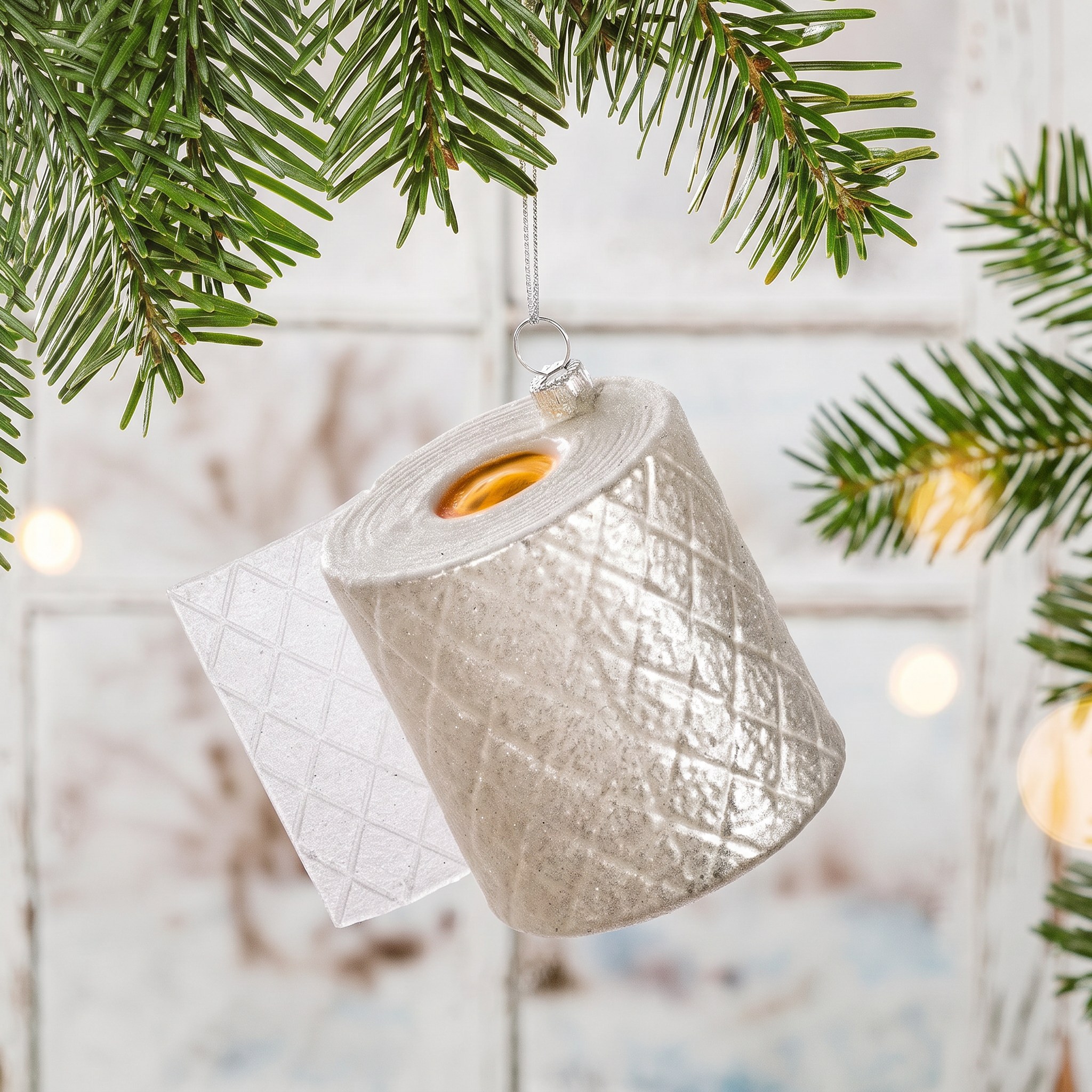 Loo Roll Shaped Bauble by Sass & Belle on a fir branch against pale wood
