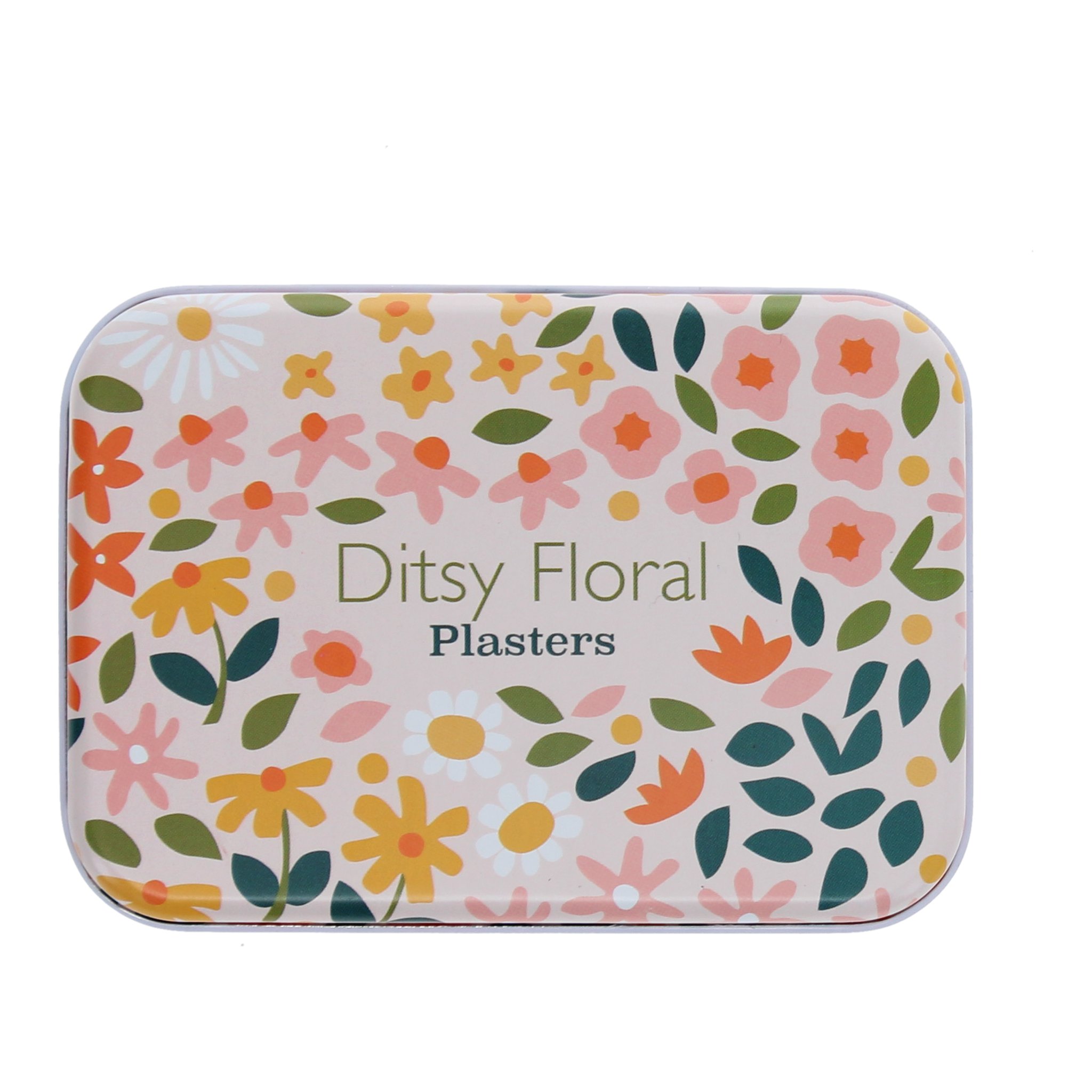 Deckel der Metalldose mit bunten Streublumen und Aufschrift Ditsy Floral Plasters