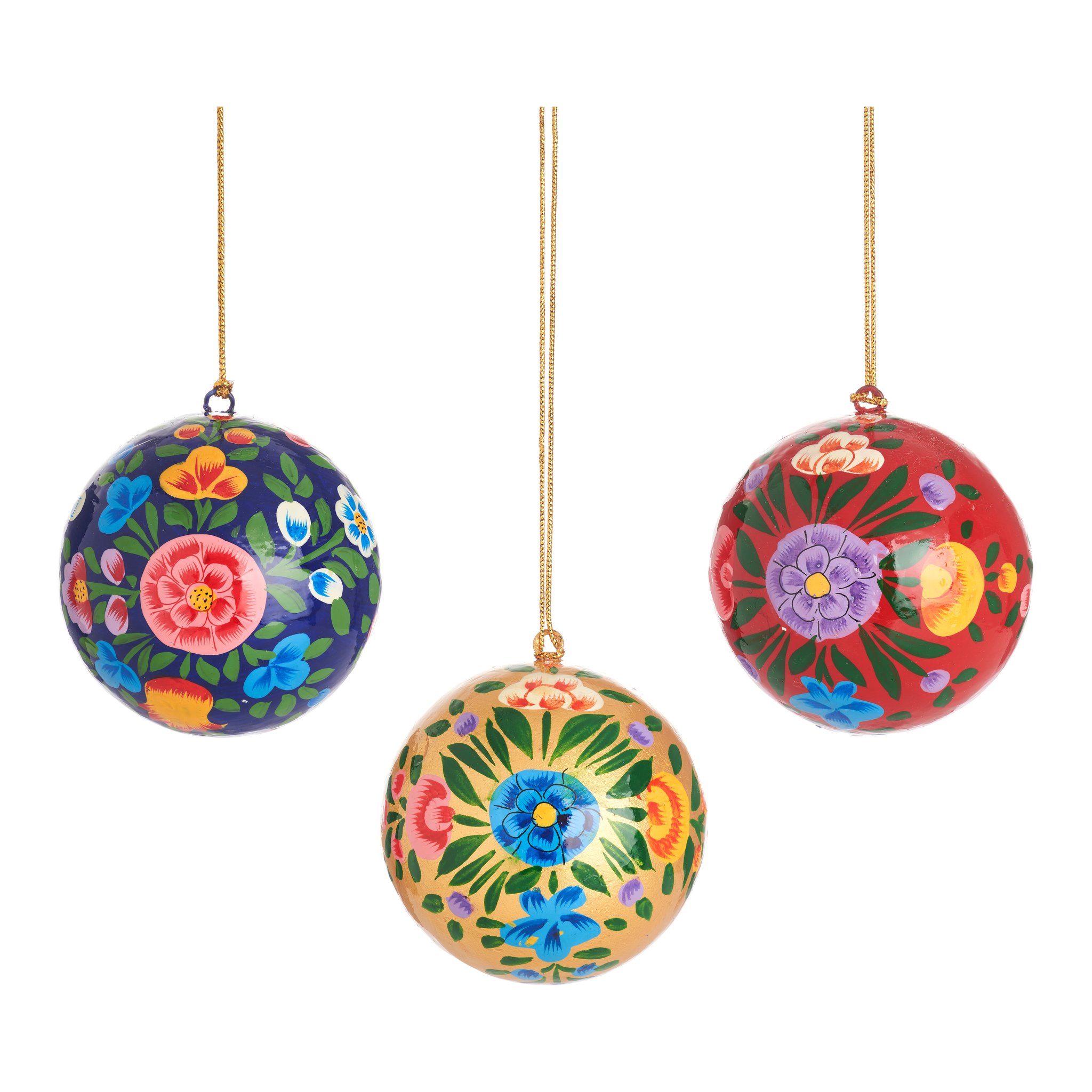 Set de boules de Noël en papier mâché du Cachemire Sass & Belle, trois boules peintes à la main avec fleurs, détourées