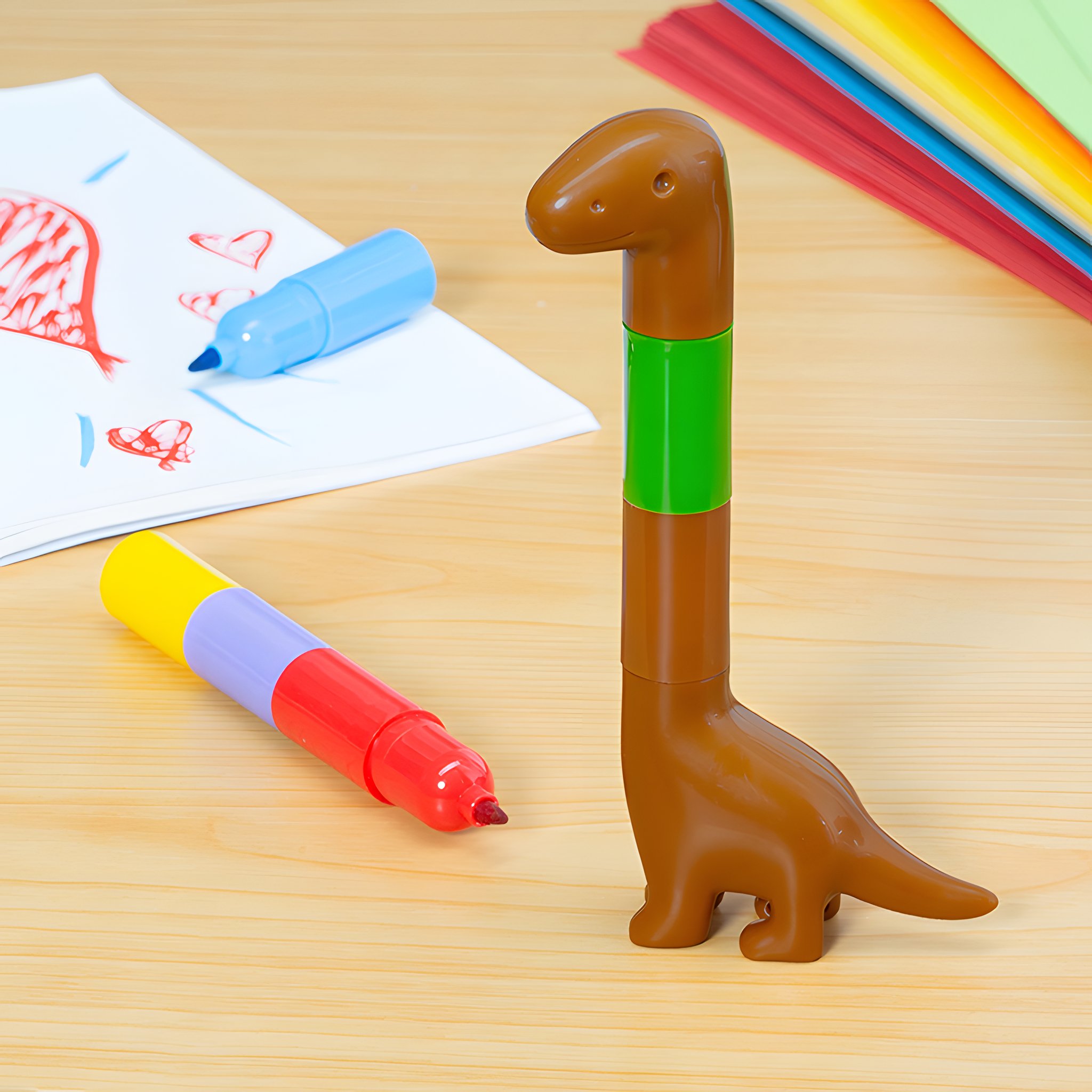 Regenbogen-Dino Filzstifte zusammengesteckt als Dino auf dem Tisch neben einer Zeichnung