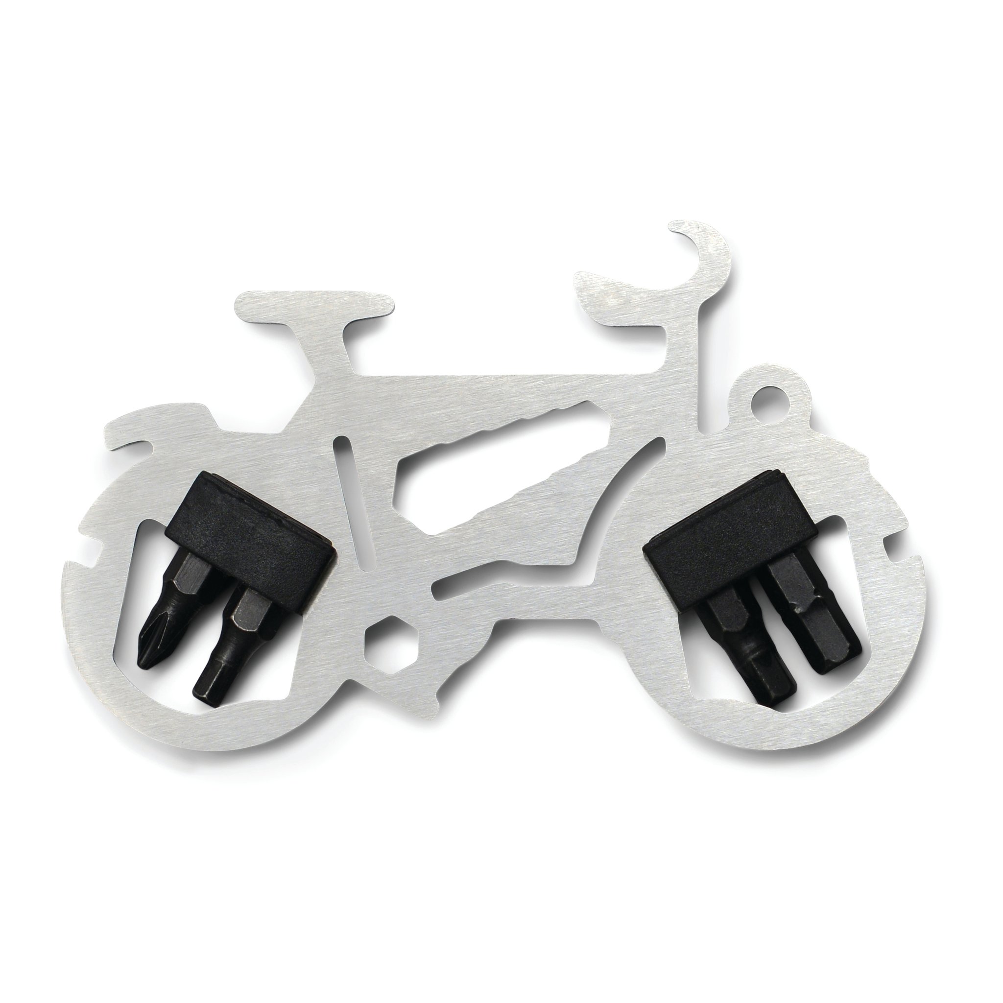 Cut-out Mini Bicycle Multi-Tool in brushed metal with black bits held in both wheels